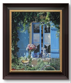 Die Bank im Schatten, Ölgemälde, gerahmt, 21. Jahrhundert, 42x32"