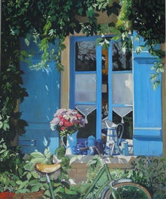 Die Bank im Schatten, Ölgemälde, gerahmt, 21. Jahrhundert, 42x32"