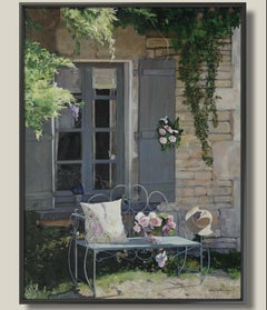 The Blue Window Oil Painting, Framed Landscape, 21st Century, New