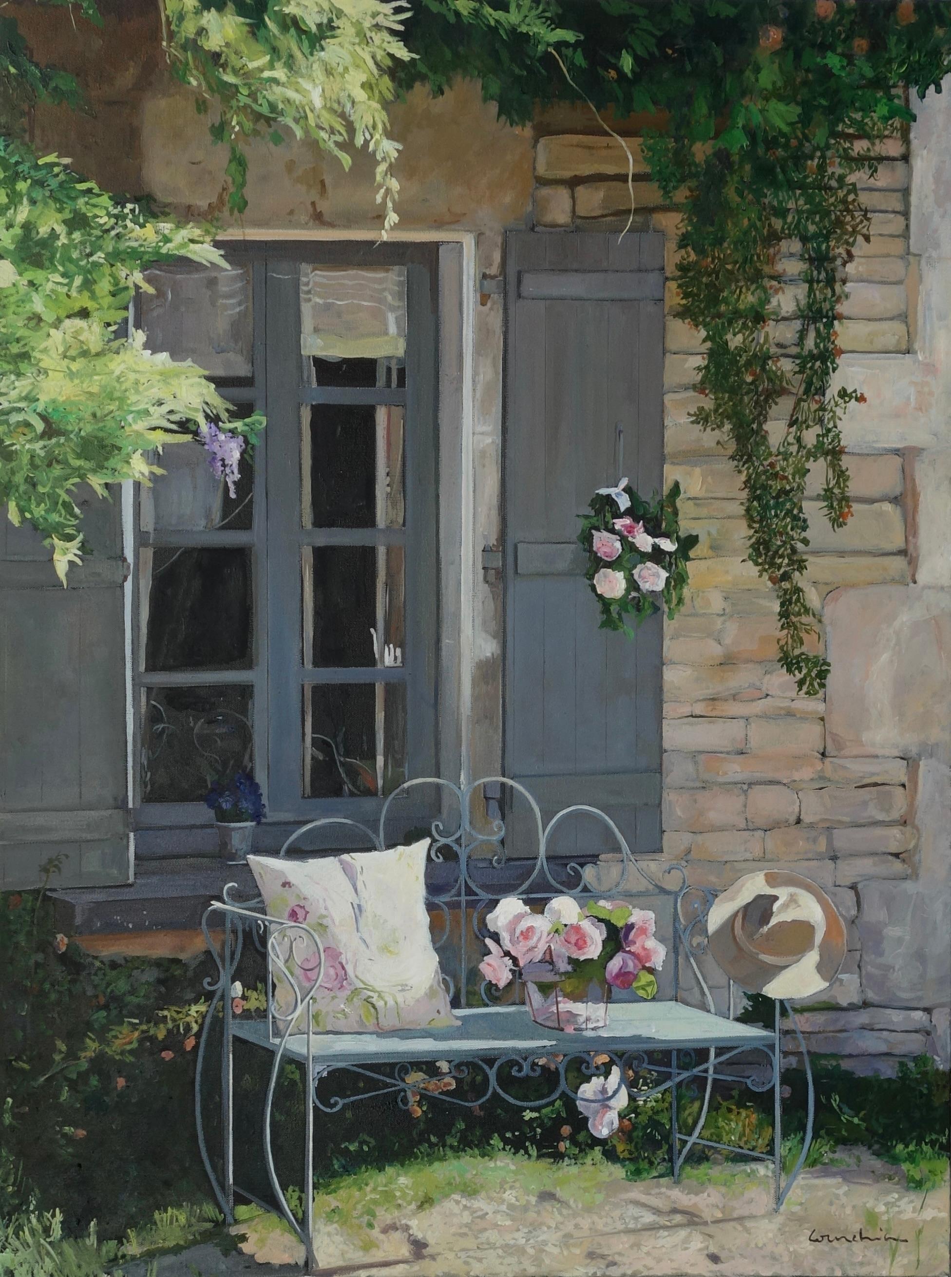 JEAN PAUL COURCHIA Landscape Painting - The Blue Window Oil Painting, Framed Landscape, 21st Century, New