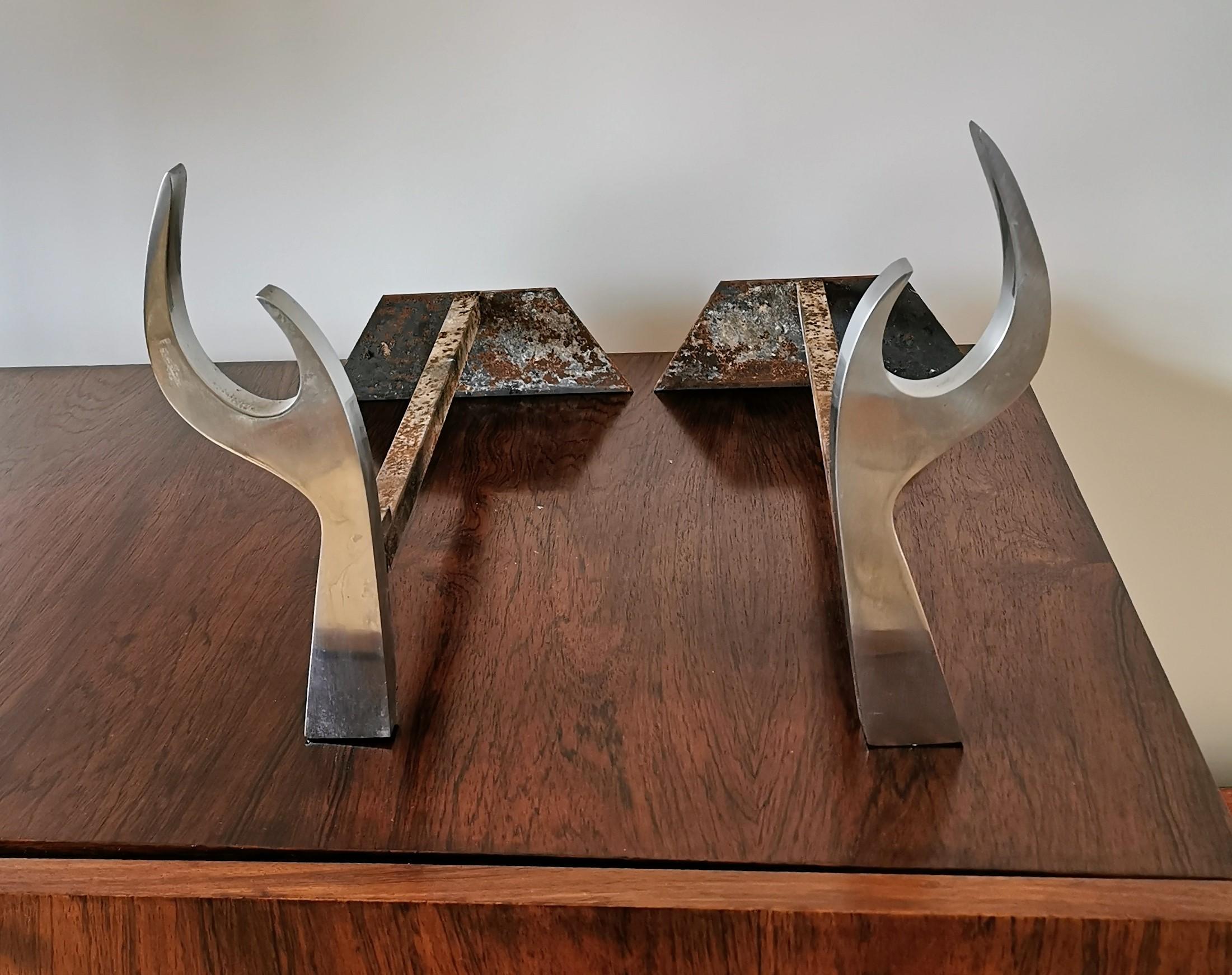 French Jean-Paul Créations Brutalist Stainless Steel Andirons, France, 1970s For Sale