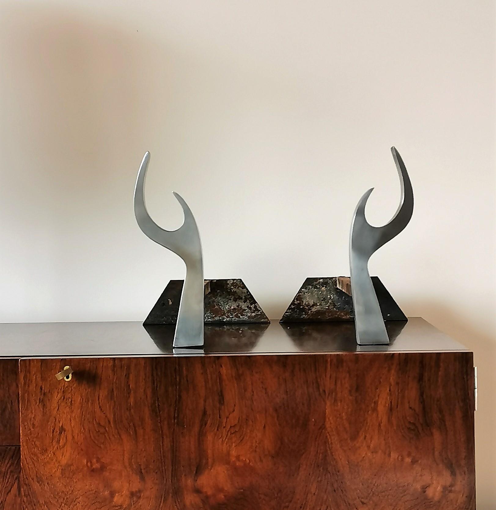 Plated Jean-Paul Créations Brutalist Stainless Steel Andirons, France, 1970s For Sale