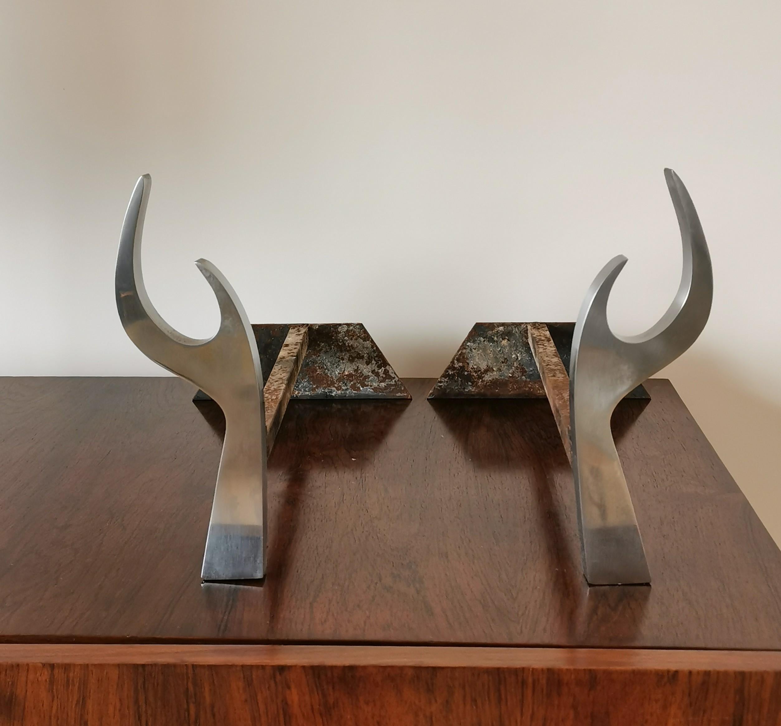 Jean-Paul Créations Brutalist Stainless Steel Andirons, France, 1970s In Good Condition For Sale In New York, NY