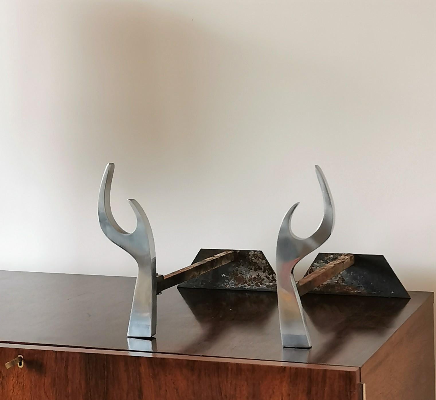 Late 20th Century Jean-Paul Créations Brutalist Stainless Steel Andirons, France, 1970s For Sale