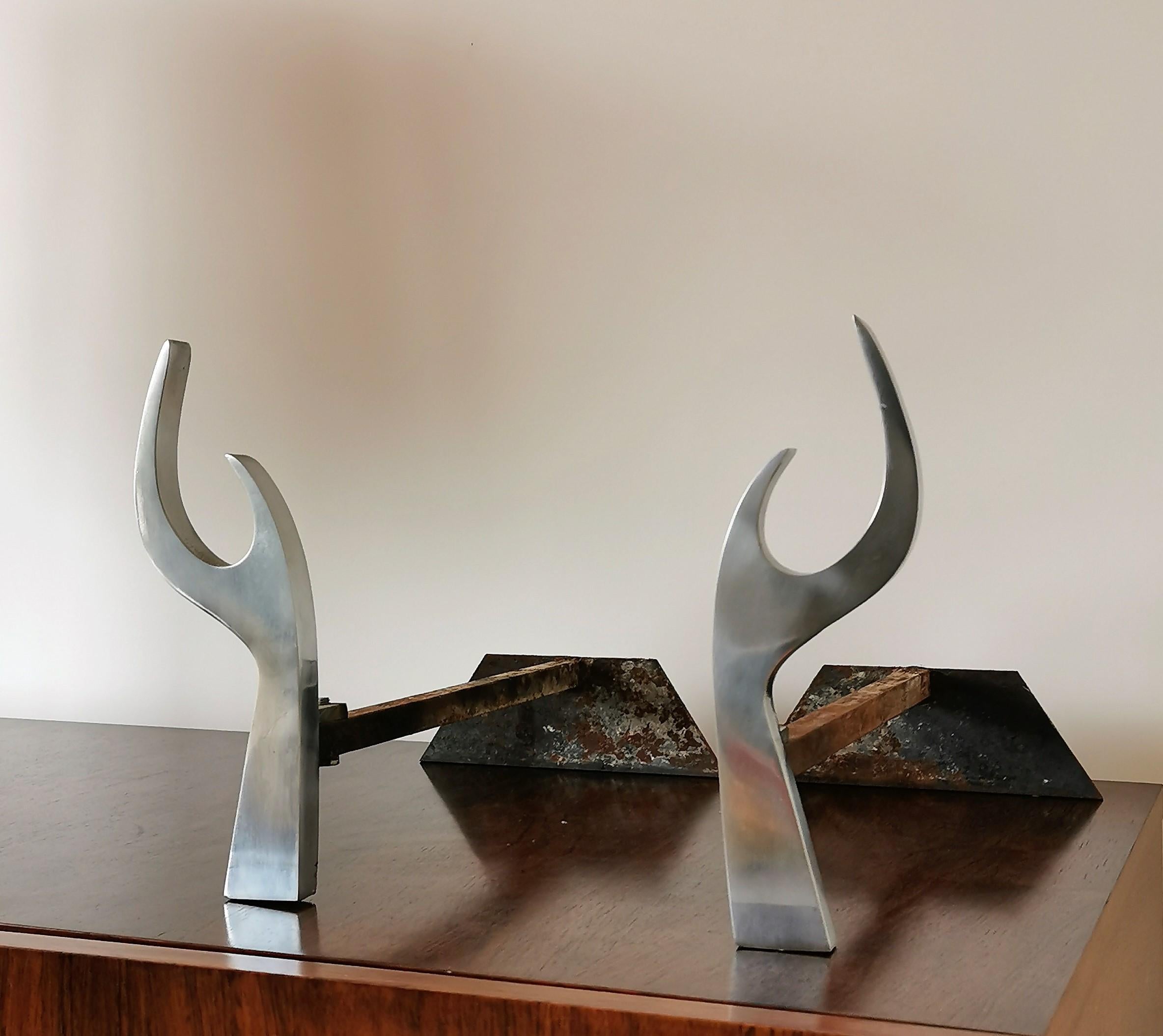 Wrought Iron Jean-Paul Créations Brutalist Stainless Steel Andirons, France, 1970s For Sale