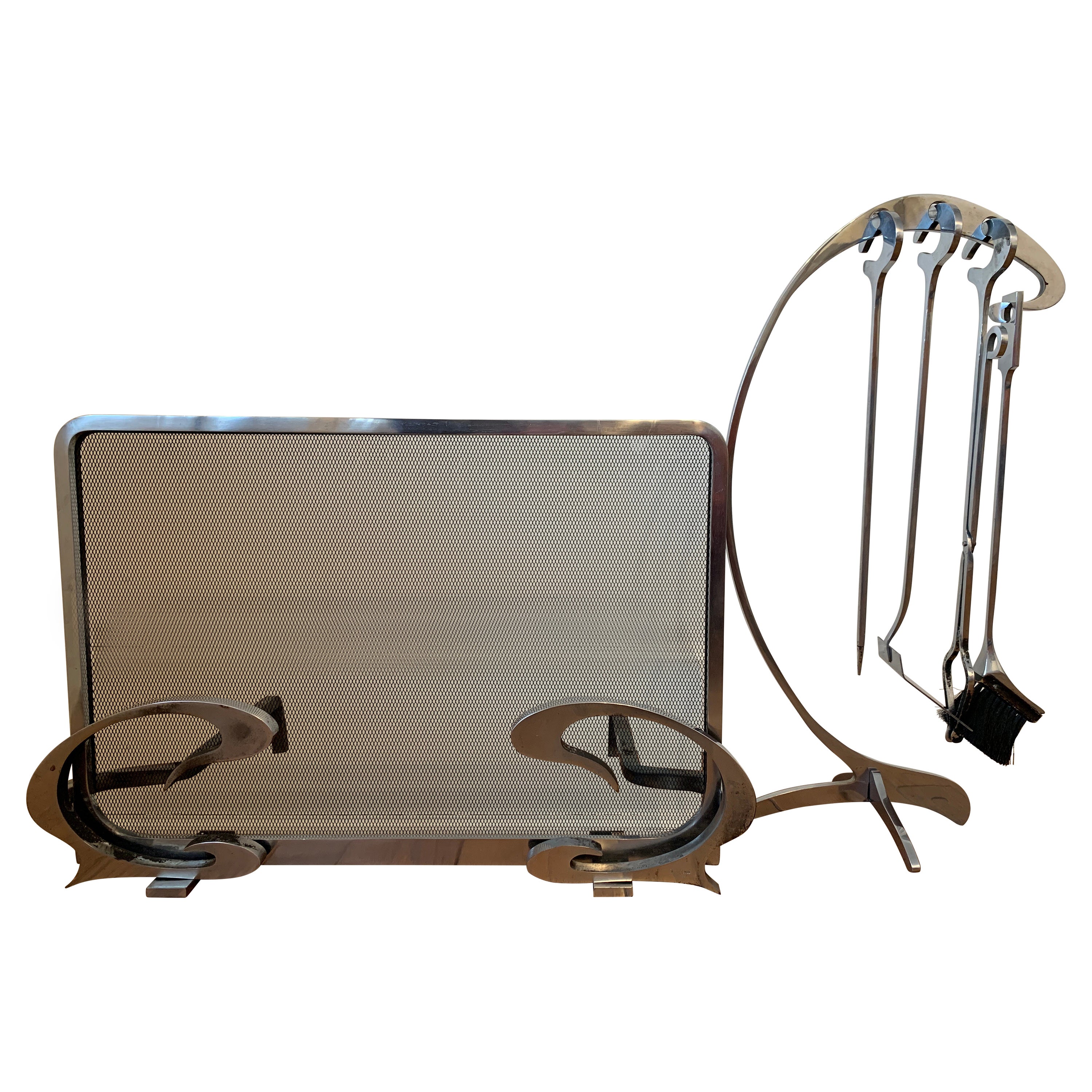 Jean-Paul Créations, Rarely Complete Modernist Fireplace Set, France 1970's