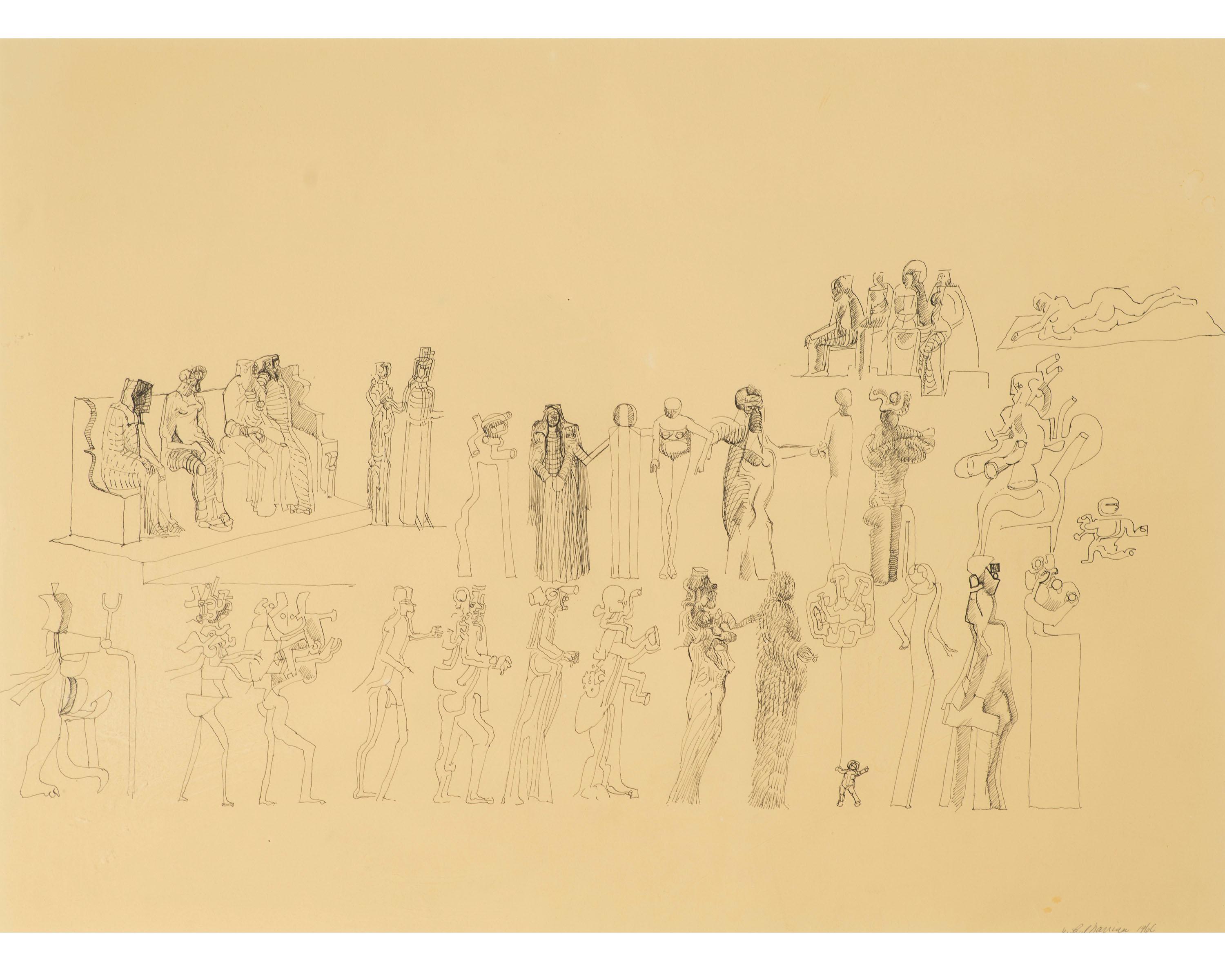 An abstract ink drawing of a group of figures by Jean Paul Darriau (1929-2006). Darriau's drawing on paper depicts a gathering of abstracted, ambiguous figures in varying poses. Some are seated near one another, while others seem to stand orderly in
