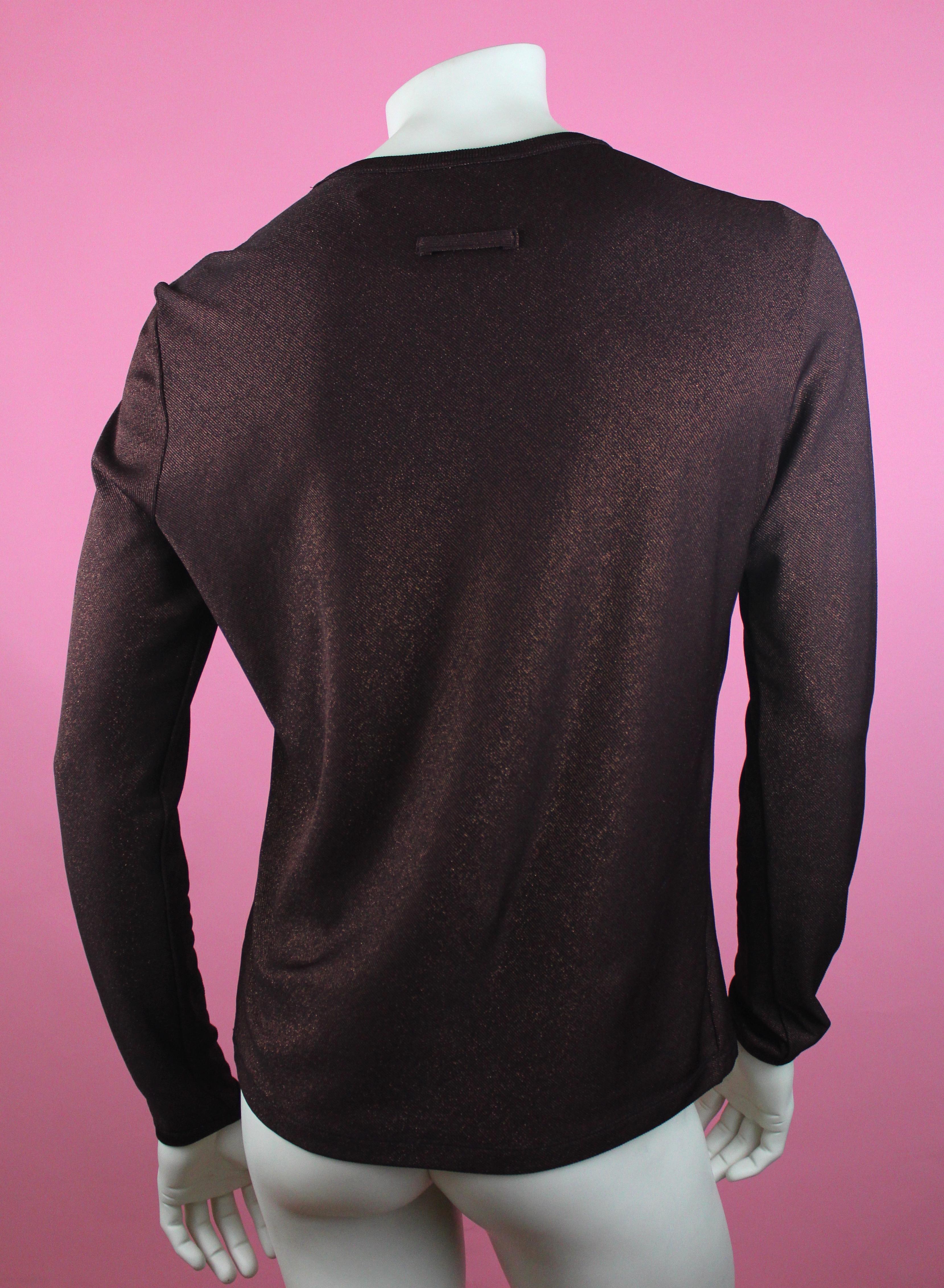 Jean Paul Gauliter Classique Burgundy Lurex Long Sleeve Shirt, Size 54 IT In New Condition For Sale In Los Angeles, CA