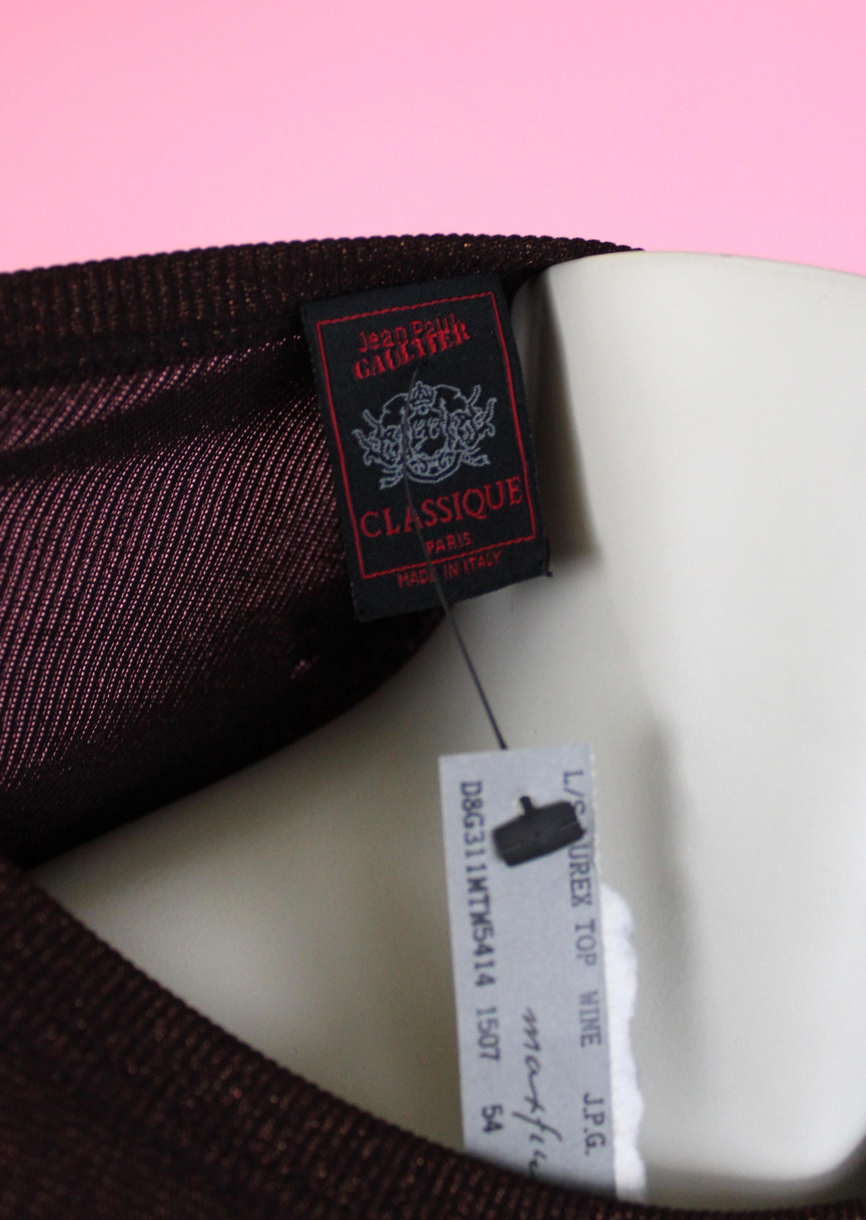Jean Paul Gauliter Classique Burgundy Lurex Long Sleeve Shirt, Size 54 IT For Sale 1