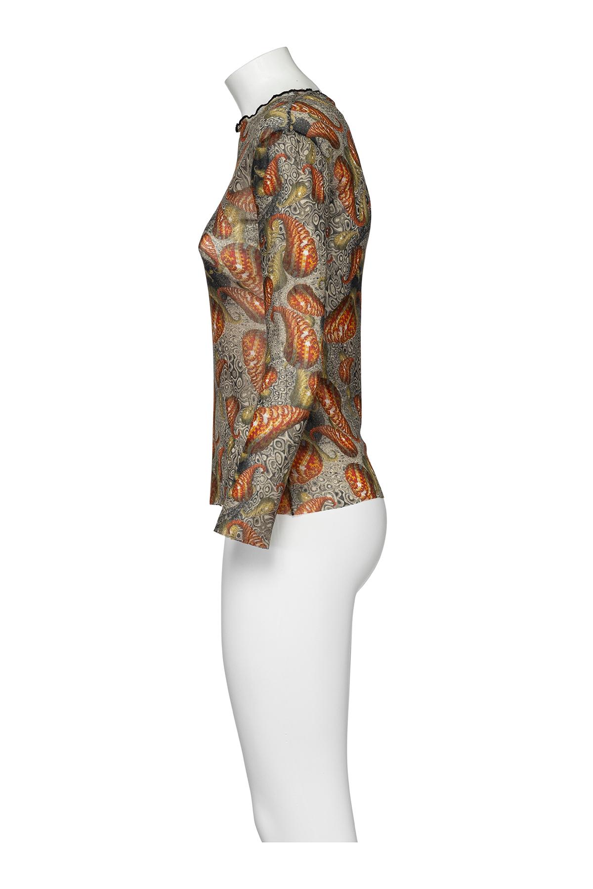 Gray JEAN PAUL GAULTIER 00's Iconic Long Sleeve Shell Printed Mesh Top en vente