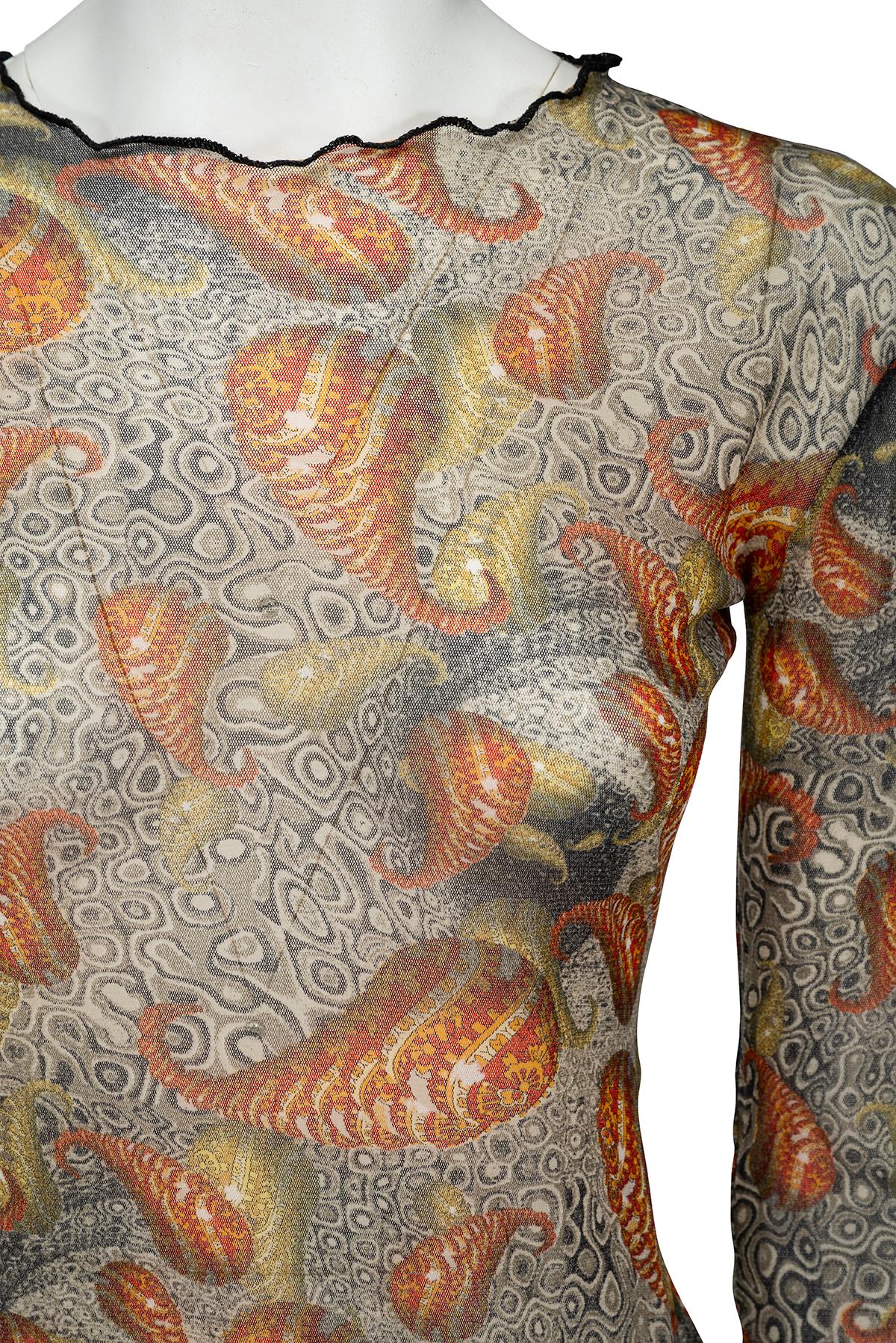 JEAN PAUL GAULTIER 00's Iconic Long Sleeve Shell Printed Mesh Top en vente 1