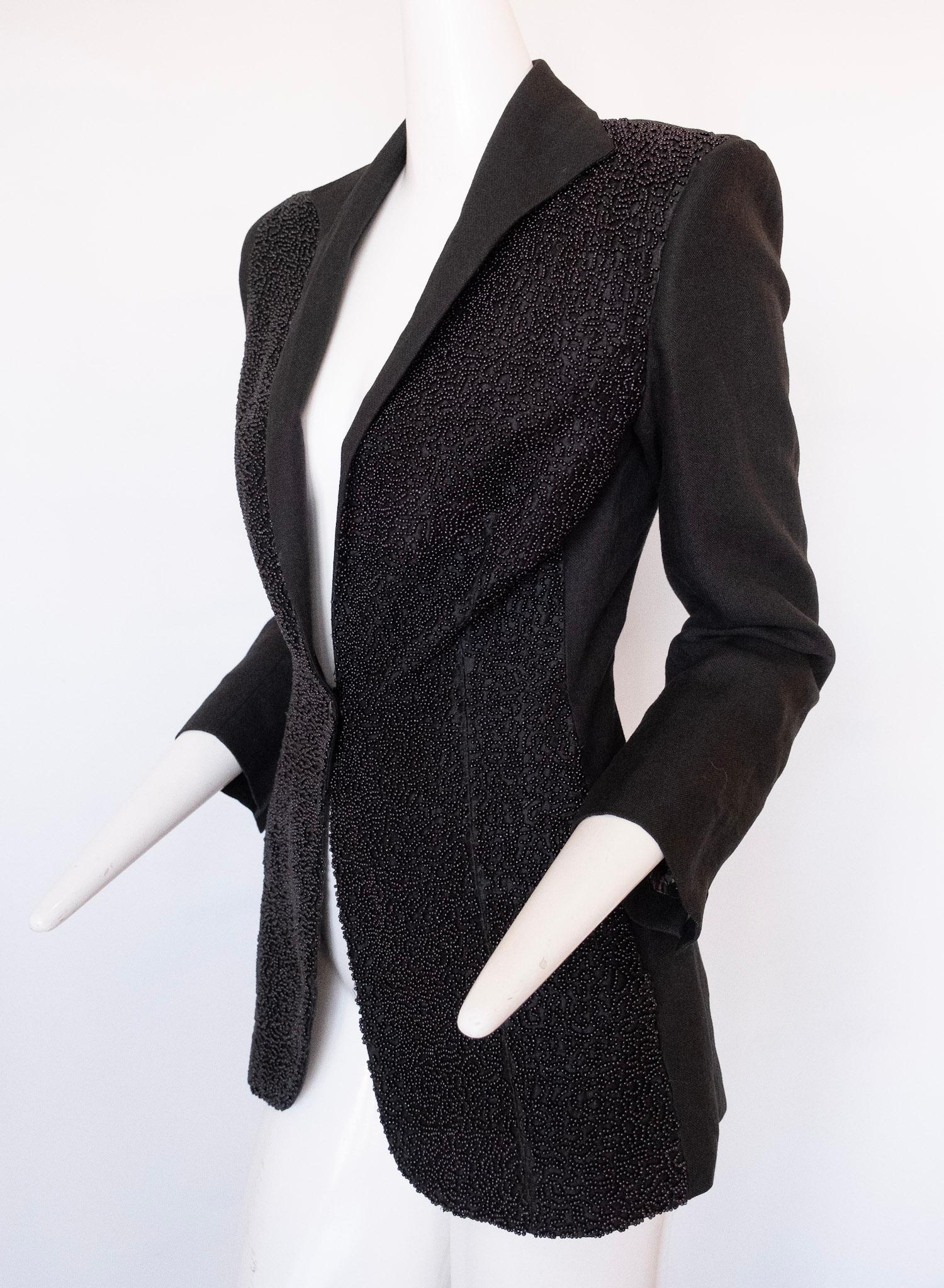 Noir Blazer en lin noir Jean Paul Gaultier 1990. Perles sur tout le devant en vente
