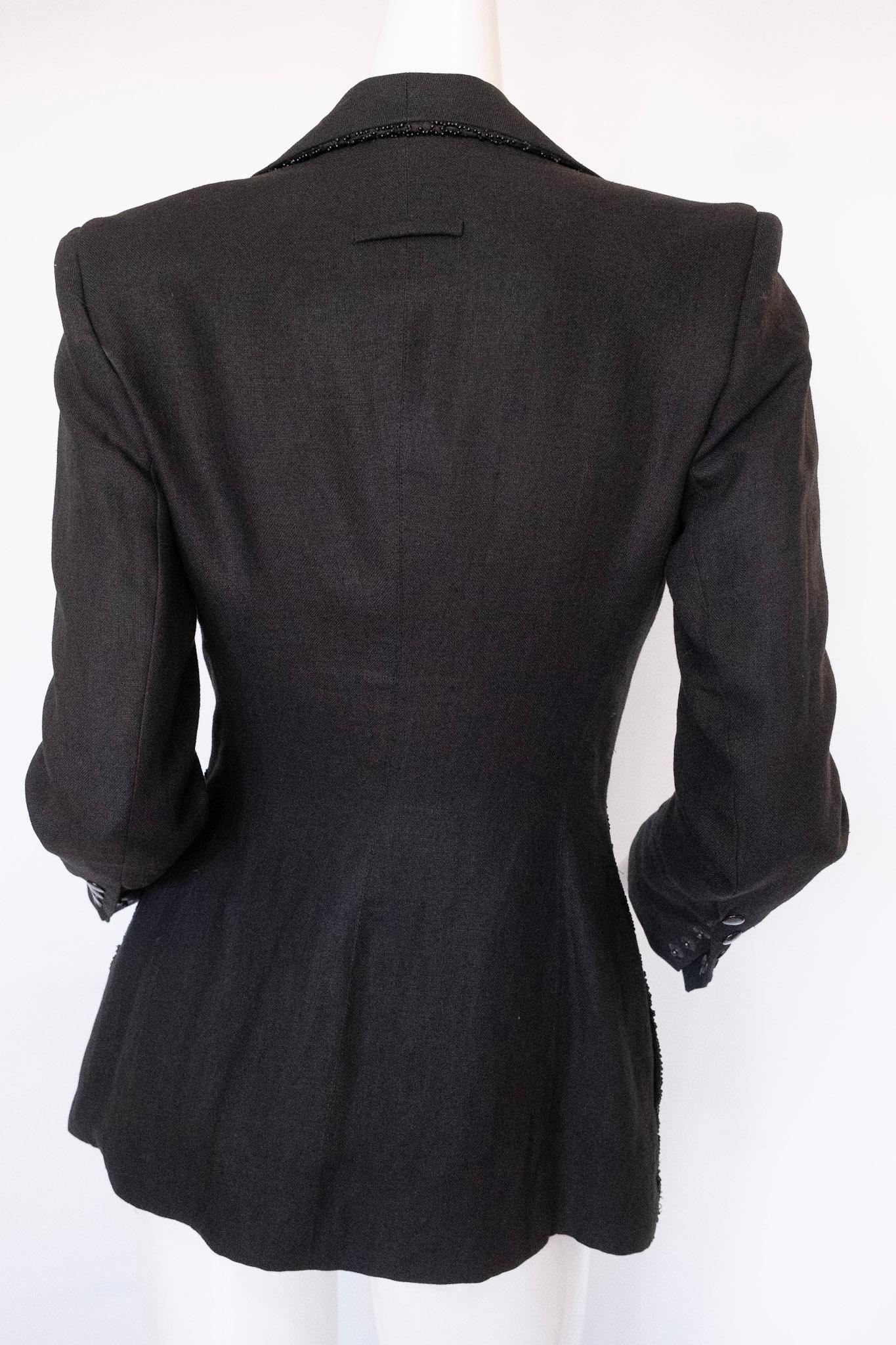Blazer en lin noir Jean Paul Gaultier 1990. Perles sur tout le devant Pour femmes en vente