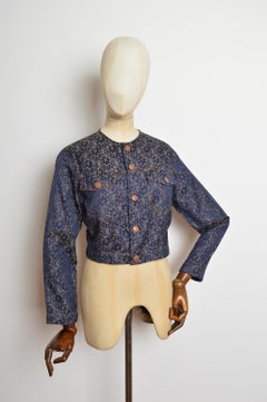 1990's Jean Paul Gaultier Lace print Jacquard collarless cropped denim Jacket