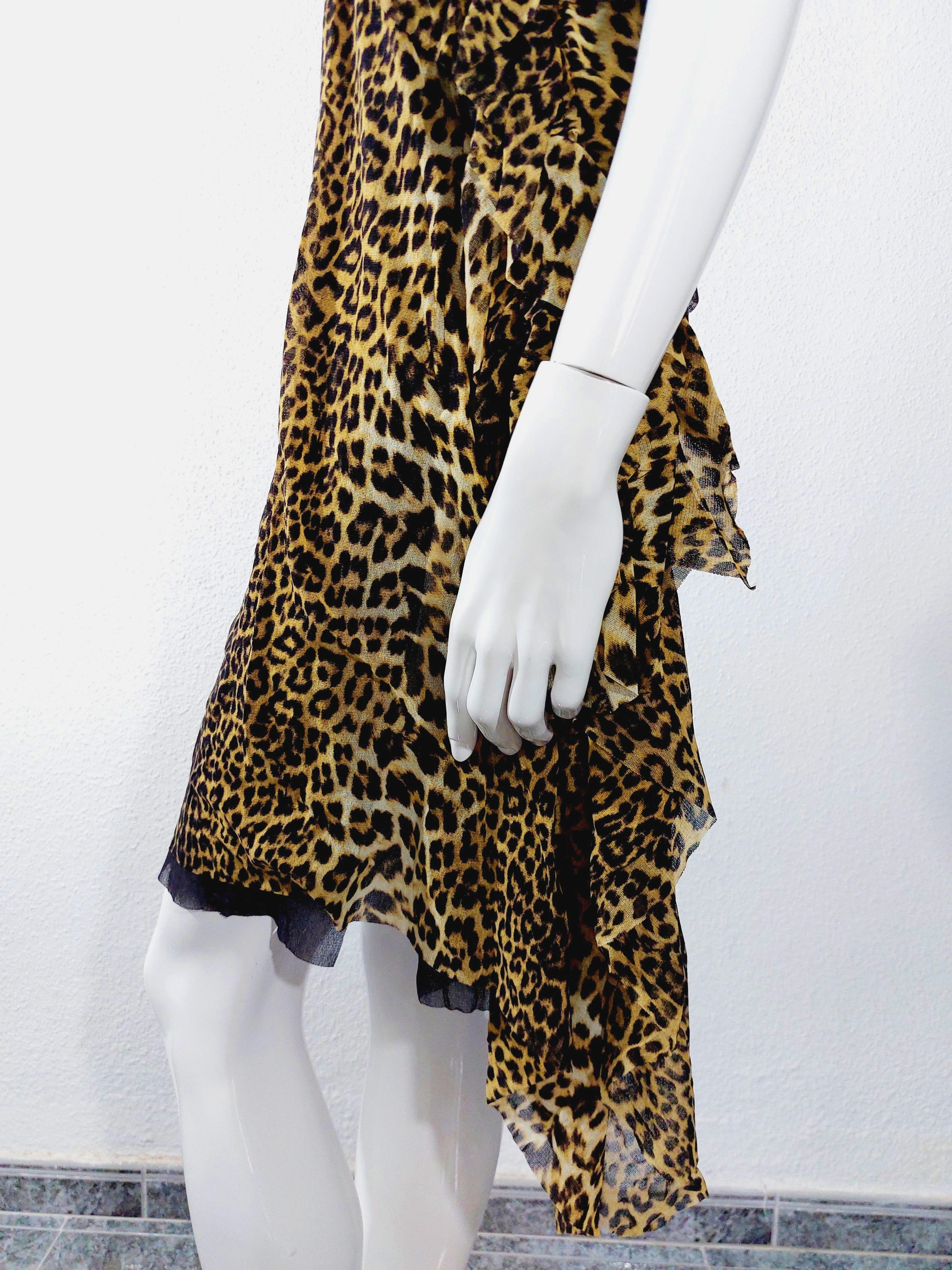 Jean Paul Gaultier 1990s Leopard Asymmetrical Cheetah Animal Mesh Ruffled Dress For Sale 5