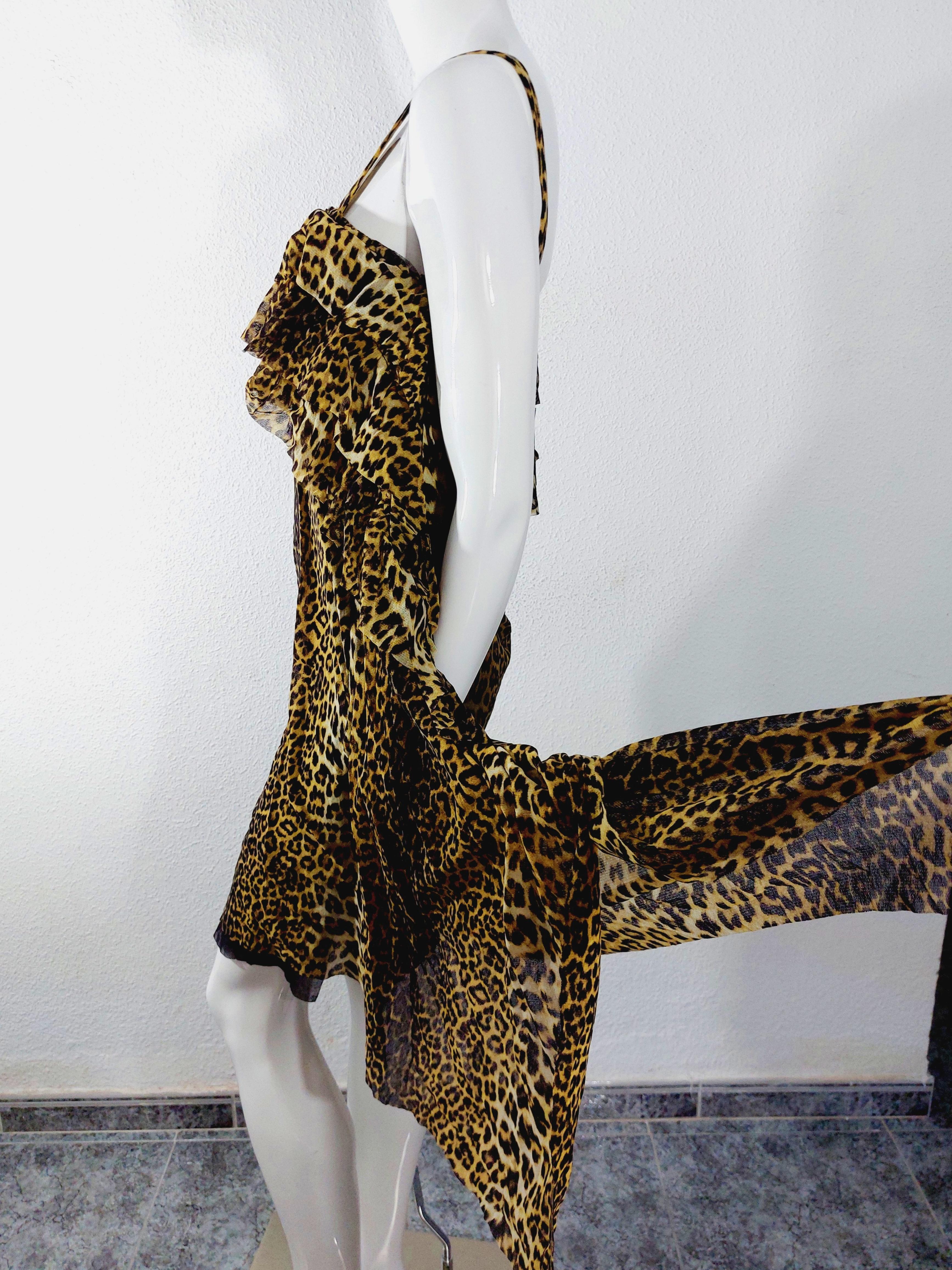 Jean Paul Gaultier 1990s Leopard Asymmetrical Cheetah Animal Mesh Ruffled Dress For Sale 6