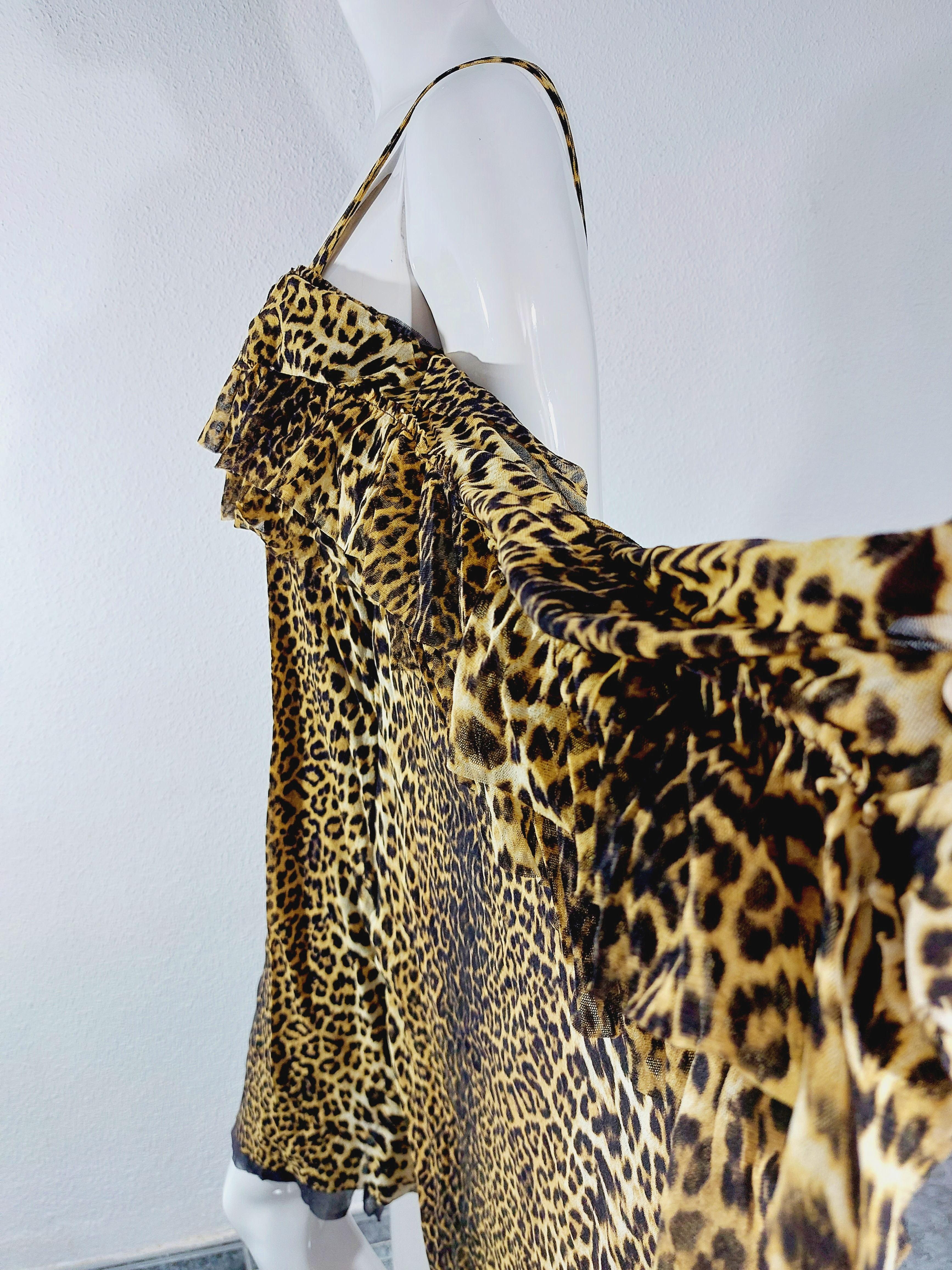 Jean Paul Gaultier 1990s Leopard Asymmetrical Cheetah Animal Mesh Ruffled Dress For Sale 7