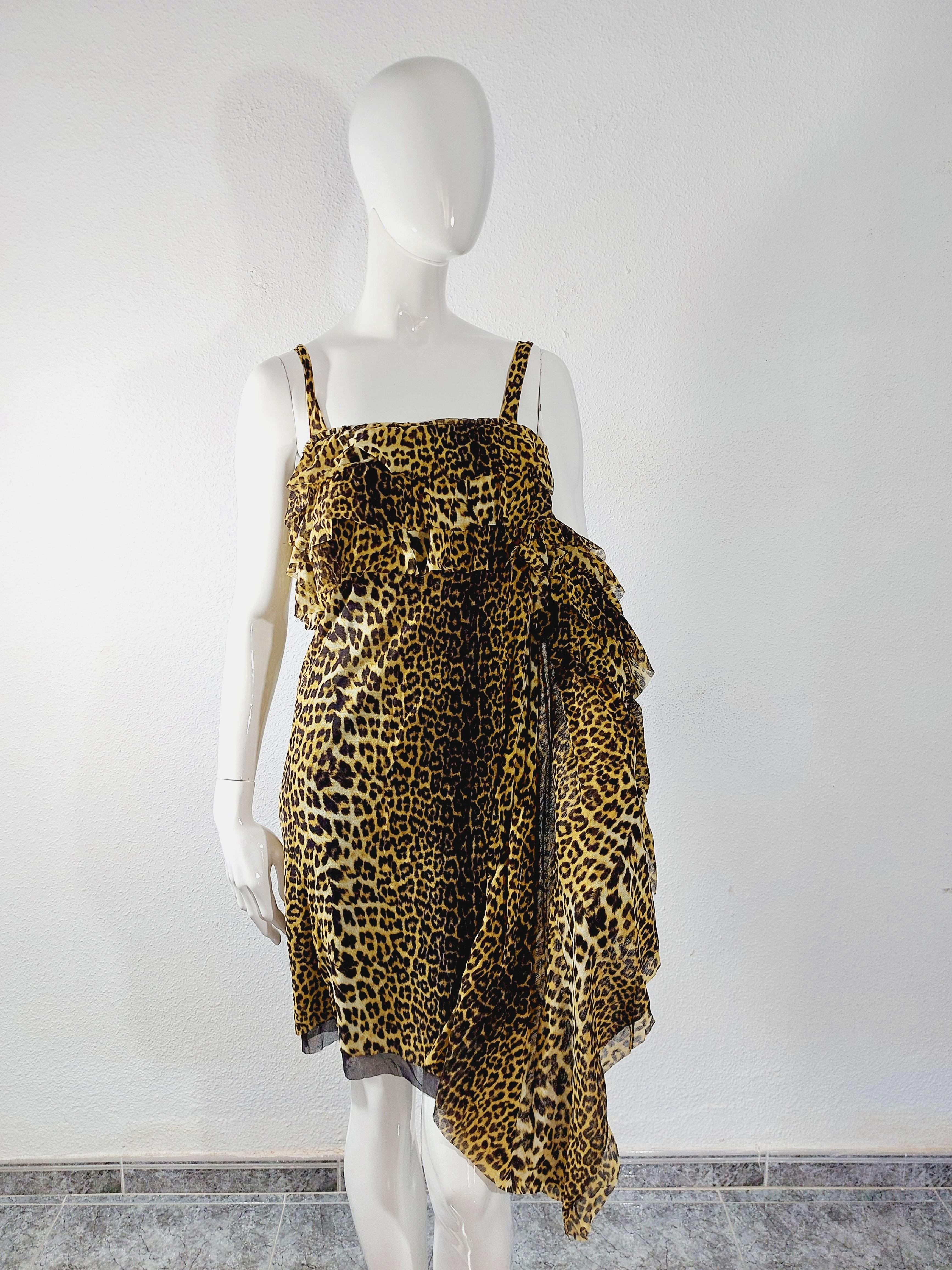 Jean Paul Gaultier 1990s Leopard Asymmetrical Cheetah Animal Mesh Ruffled Dress For Sale 8
