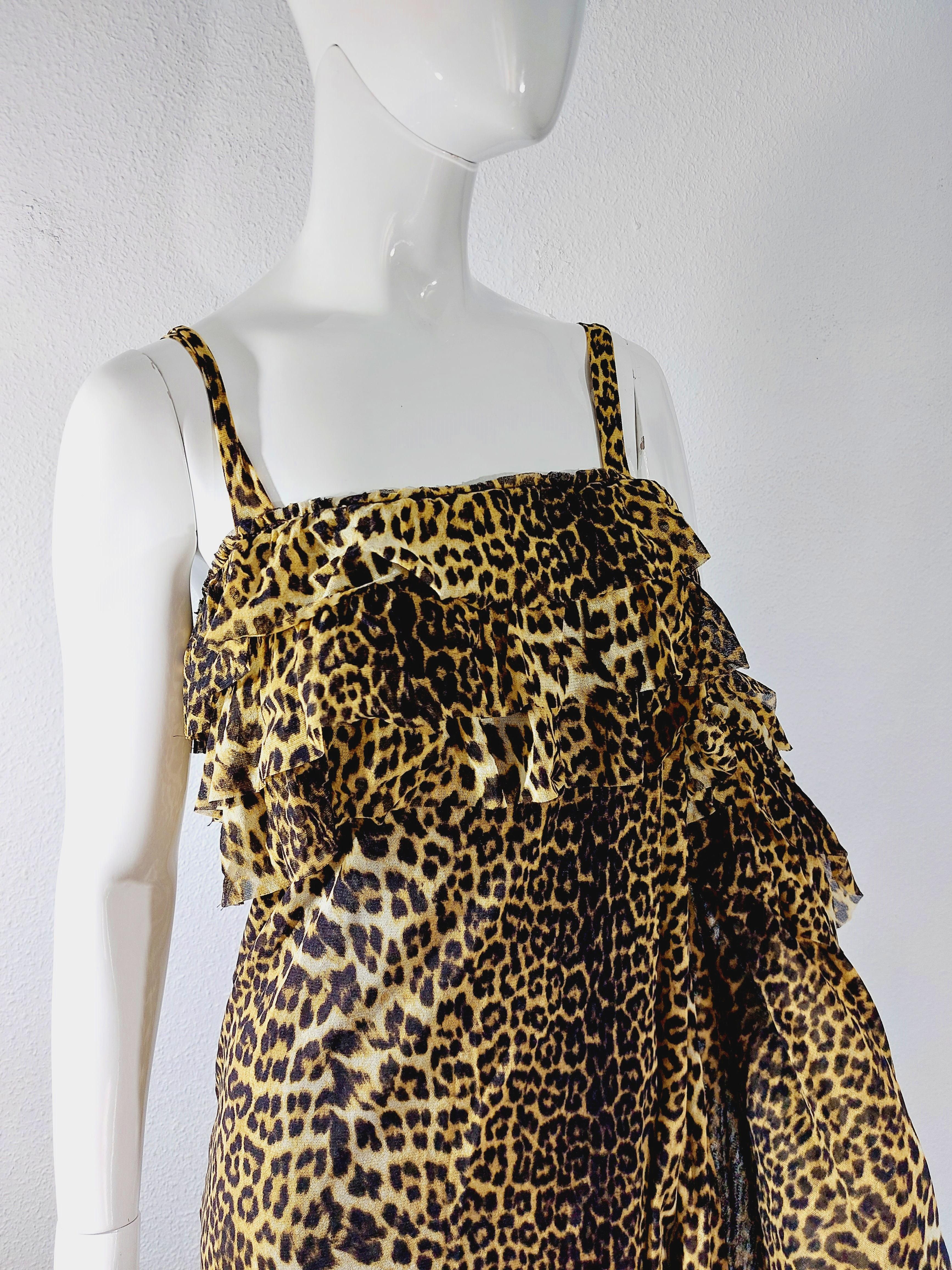 Jean Paul Gaultier 1990s Leopard Asymmetrical Cheetah Animal Mesh Ruffled Dress For Sale 9