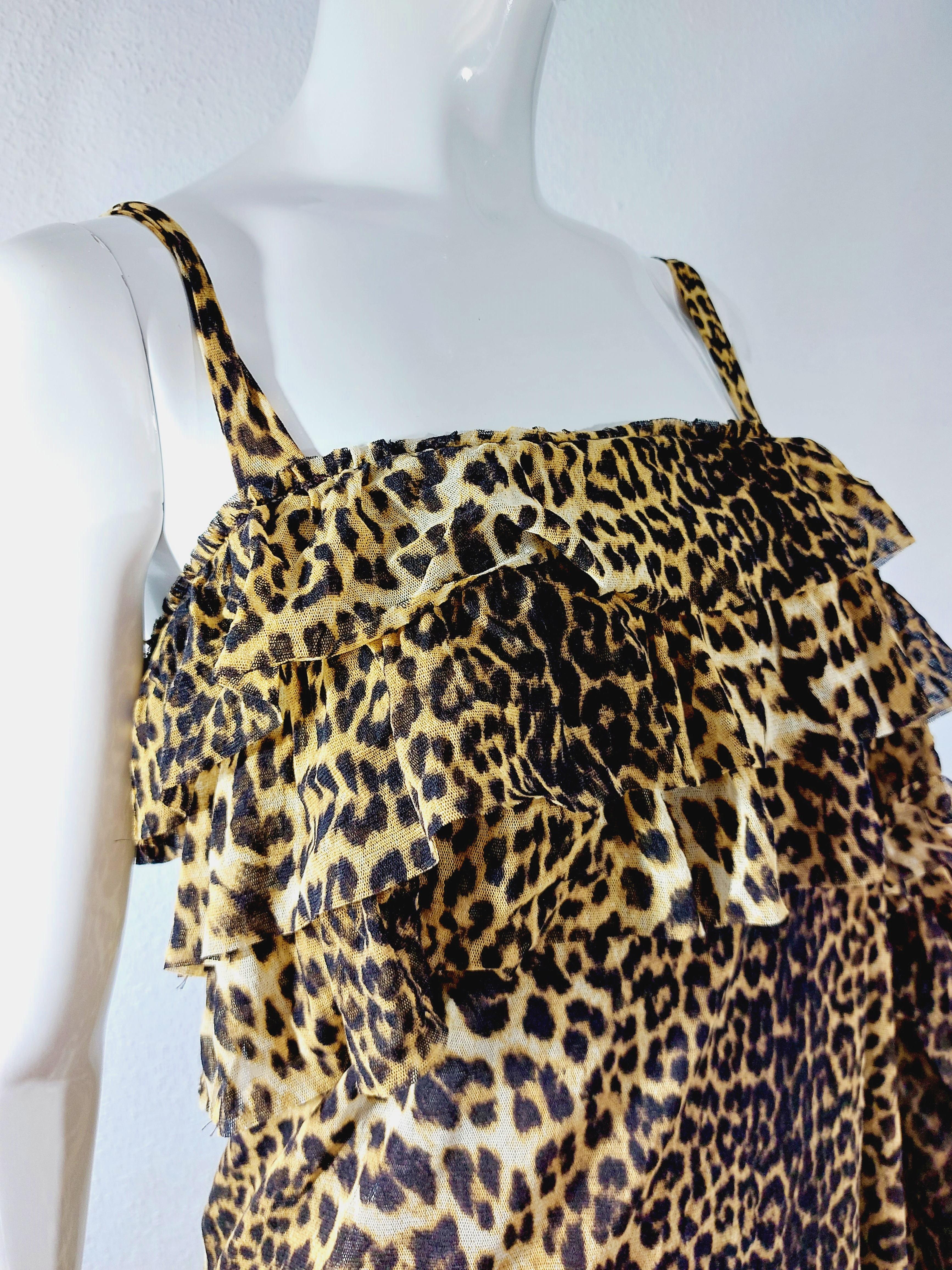 Jean Paul Gaultier 1990s Leopard Asymmetrical Cheetah Animal Mesh Ruffled Dress For Sale 10