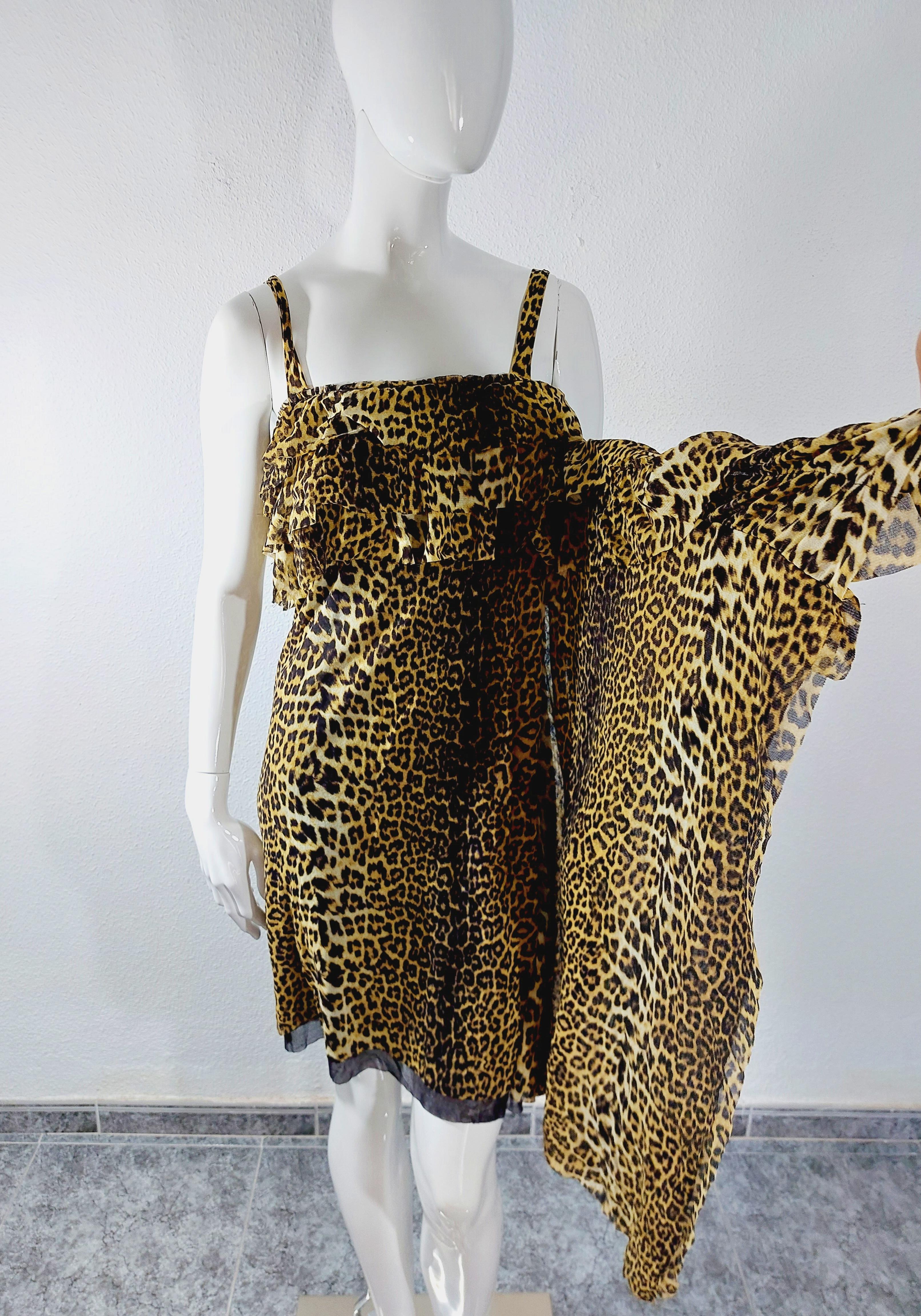 Jean Paul Gaultier 1990s Leopard Asymmetrical Cheetah Animal Mesh Ruffled Dress For Sale 11