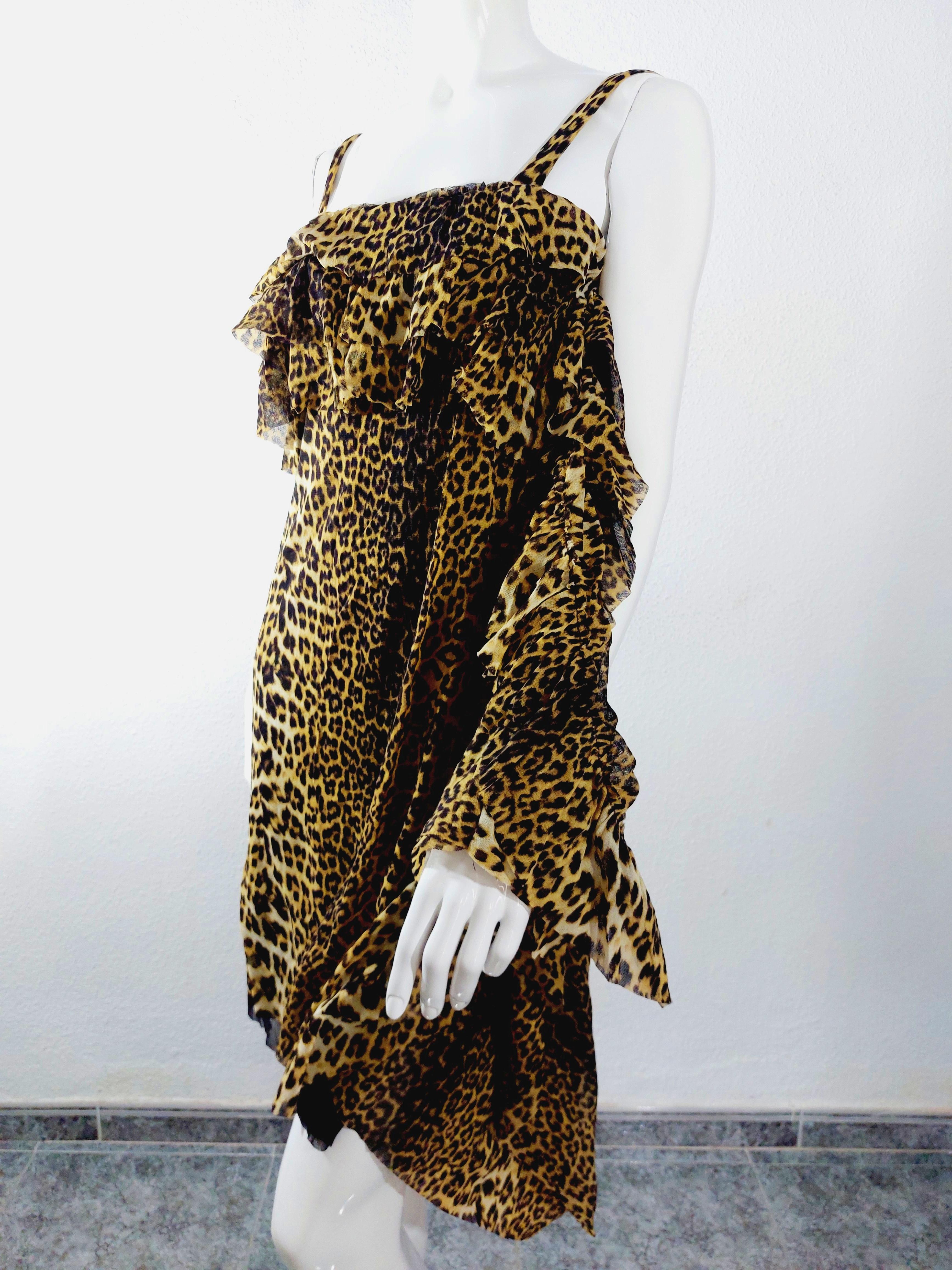 Jean Paul Gaultier 1990s Leopard Asymmetrical Cheetah Animal Mesh Ruffled Dress For Sale 13