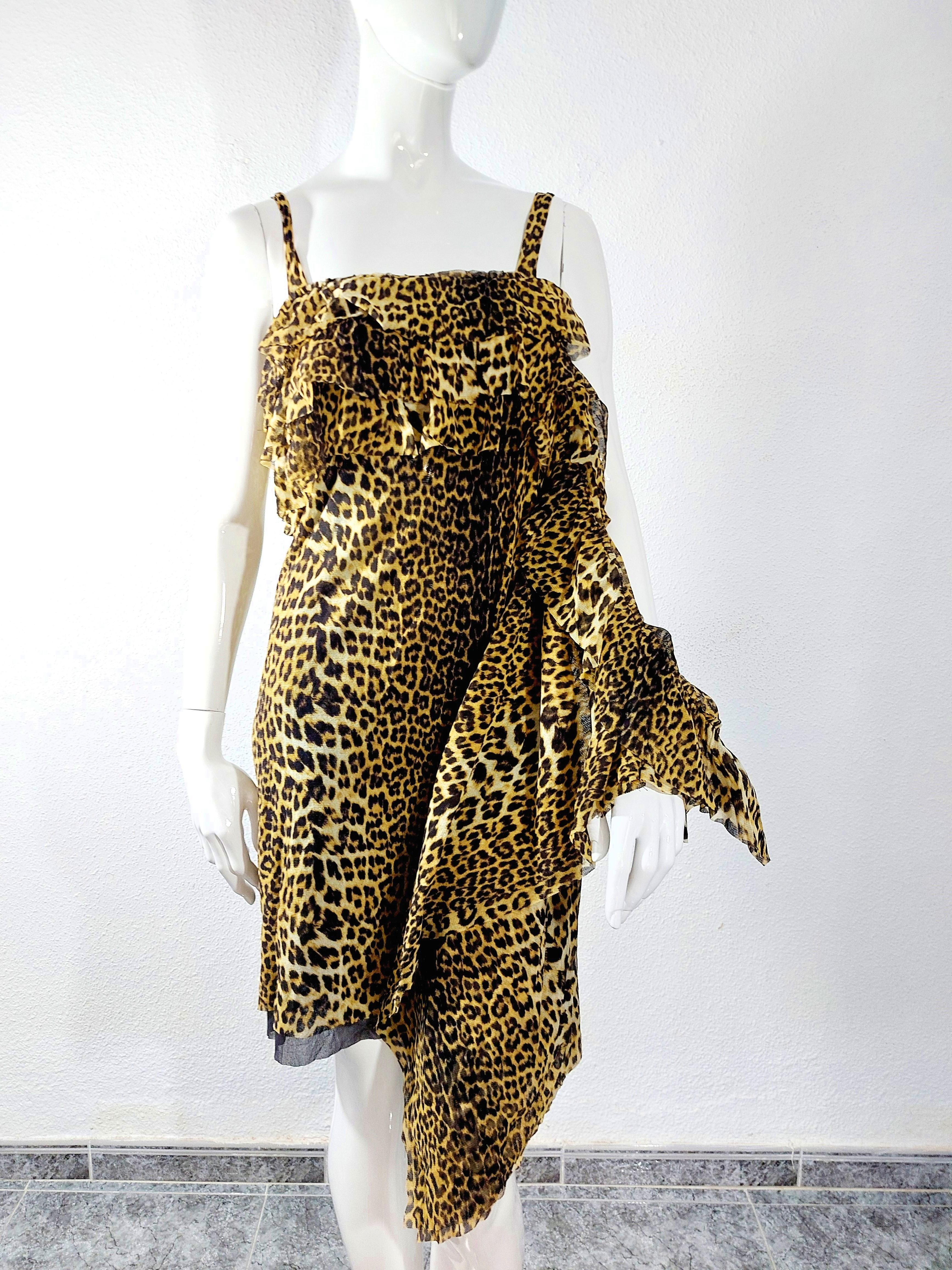 Jean Paul Gaultier 1990s Leopard Asymmetrical Cheetah Animal Mesh Ruffled Dress For Sale 15