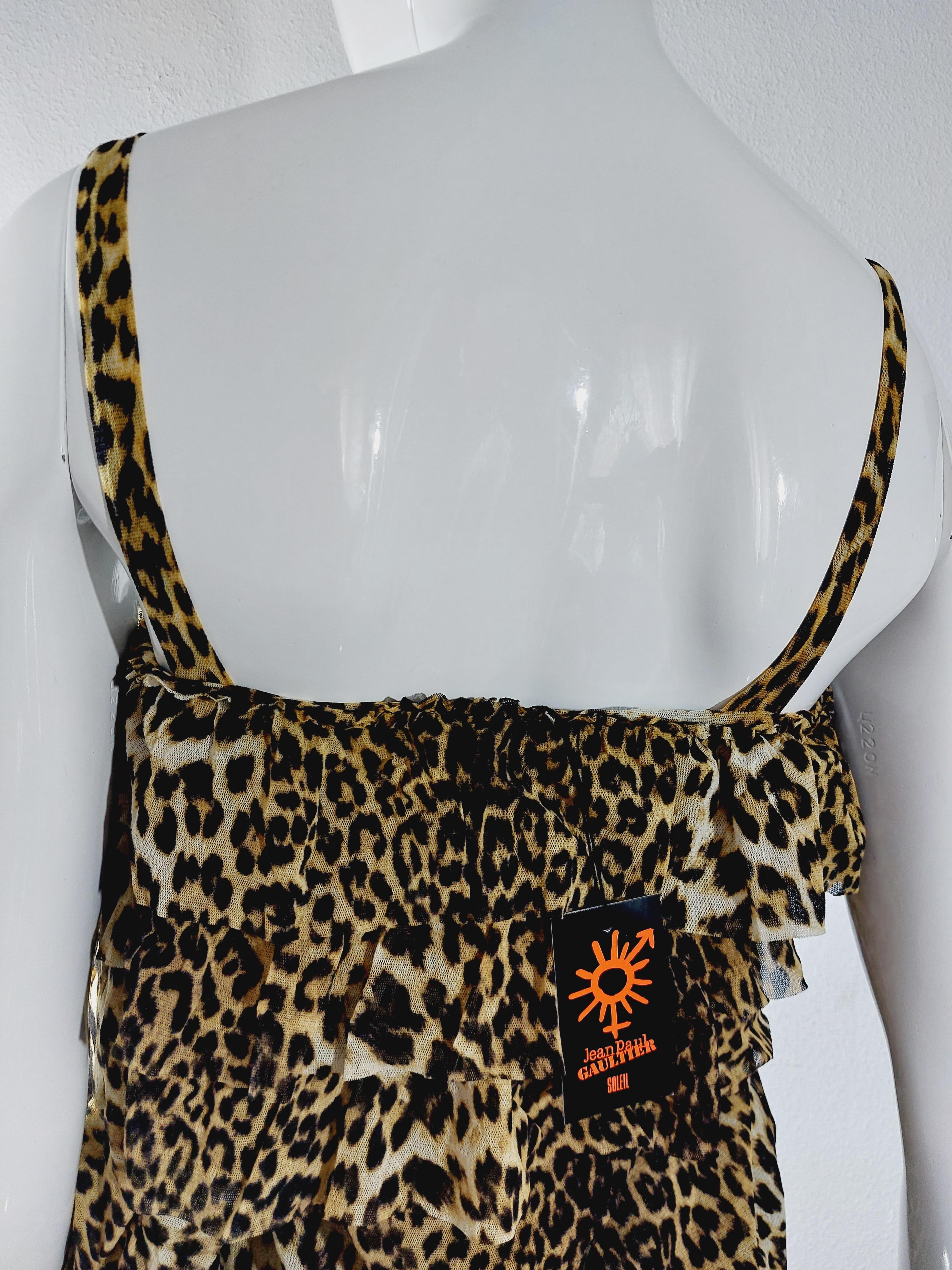 Jean Paul Gaultier 1990s Leopard Asymmetrical Cheetah Animal Mesh Ruffled Dress In New Condition For Sale In PARIS, FR