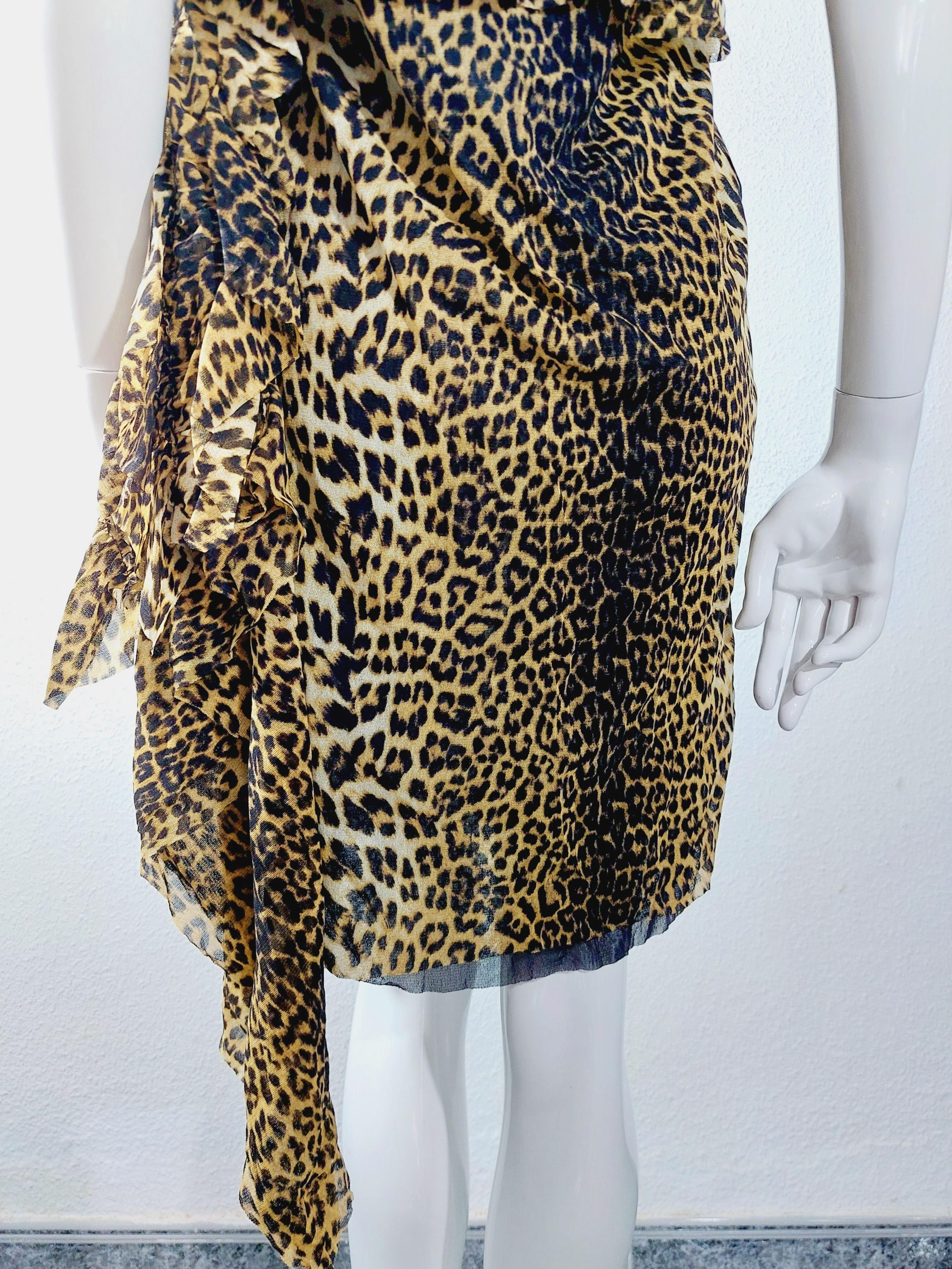 Jean Paul Gaultier 1990s Leopard Asymmetrical Cheetah Animal Mesh Ruffled Dress For Sale 1