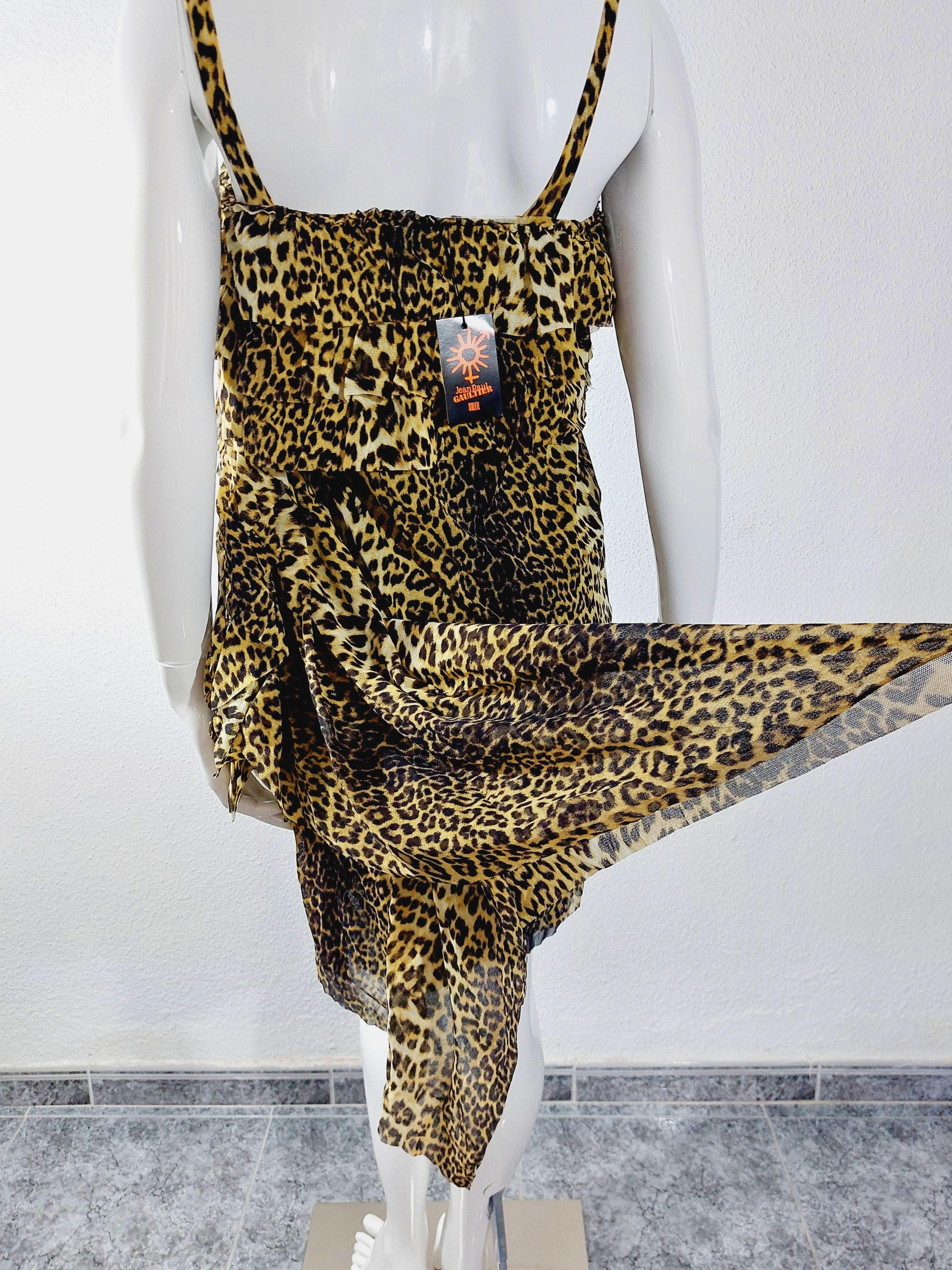 Jean Paul Gaultier 1990s Leopard Asymmetrical Cheetah Animal Mesh Ruffled Dress For Sale 2