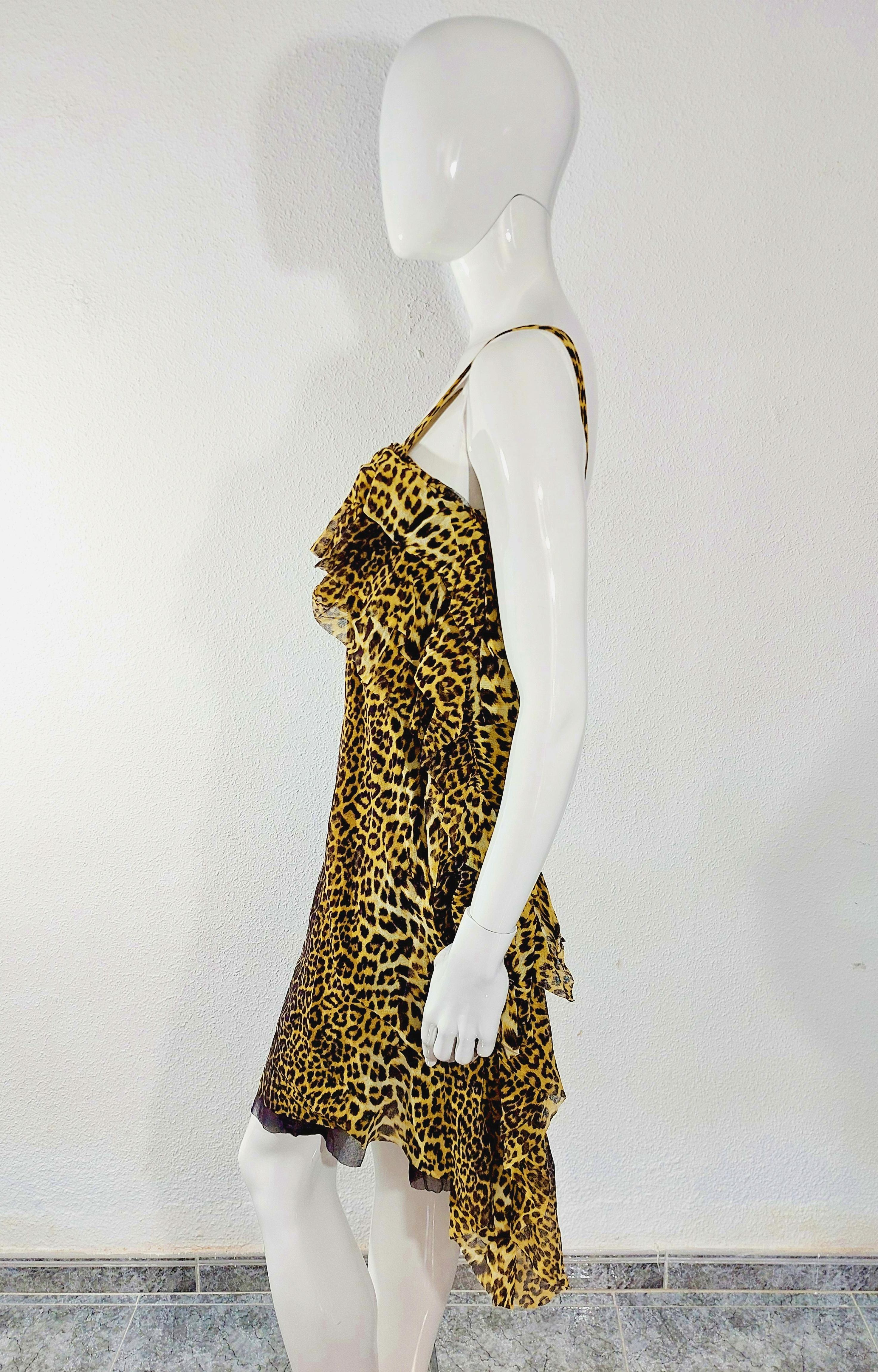 Jean Paul Gaultier 1990s Leopard Asymmetrical Cheetah Animal Mesh Ruffled Dress For Sale 4