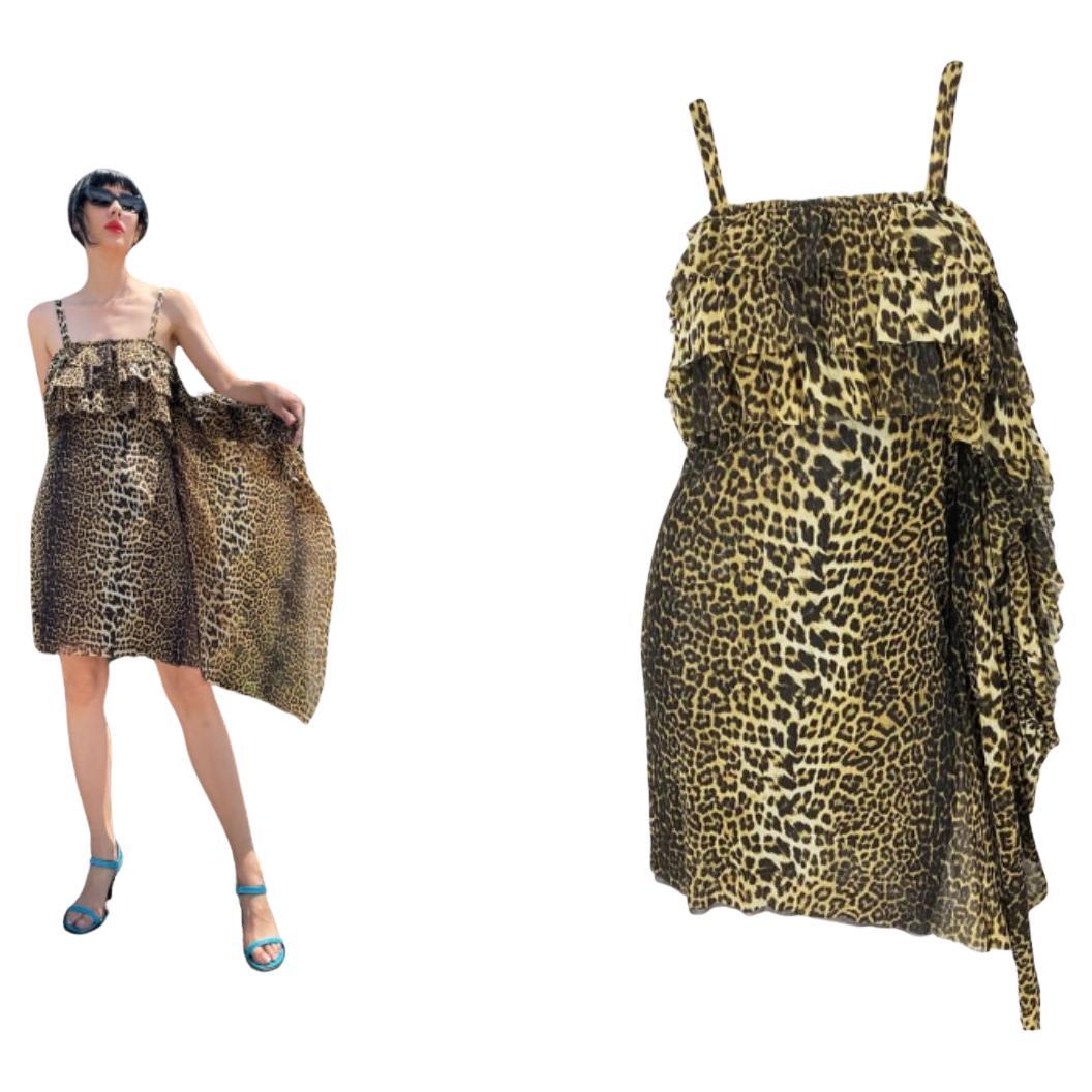 Jean Paul Gaultier 1990s Leopard Asymmetrical Cheetah Animal Mesh Ruffled Dress For Sale