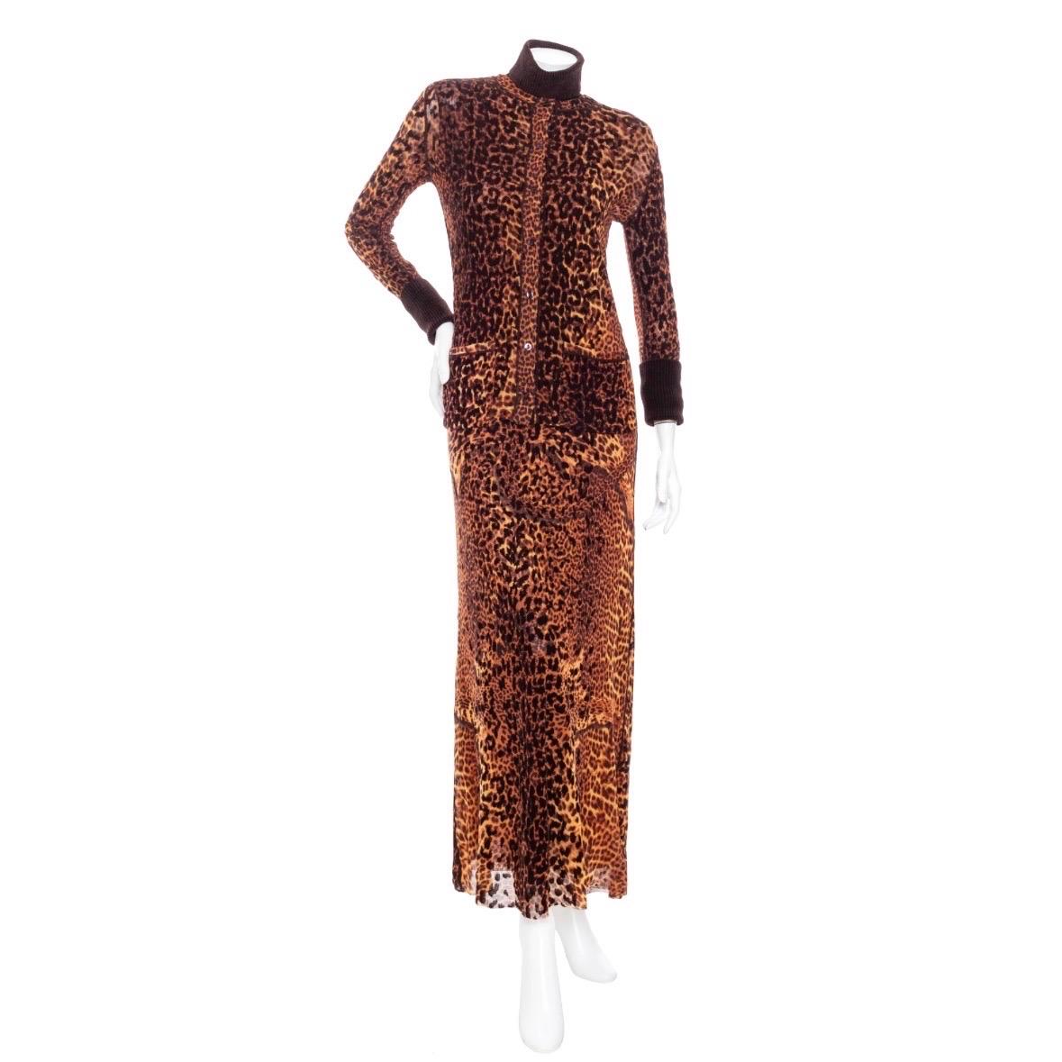 Jean Paul Gaultier 1990s Maille Femme Brown Mesh Leopard Two-Piece Dress and Cardigan Set

Vintage; circa 1990s
Brown/Orange/Black
Two-piece set include dress and matching cardigan
Dress features a ribbed folded turtleneck collar, matching knit