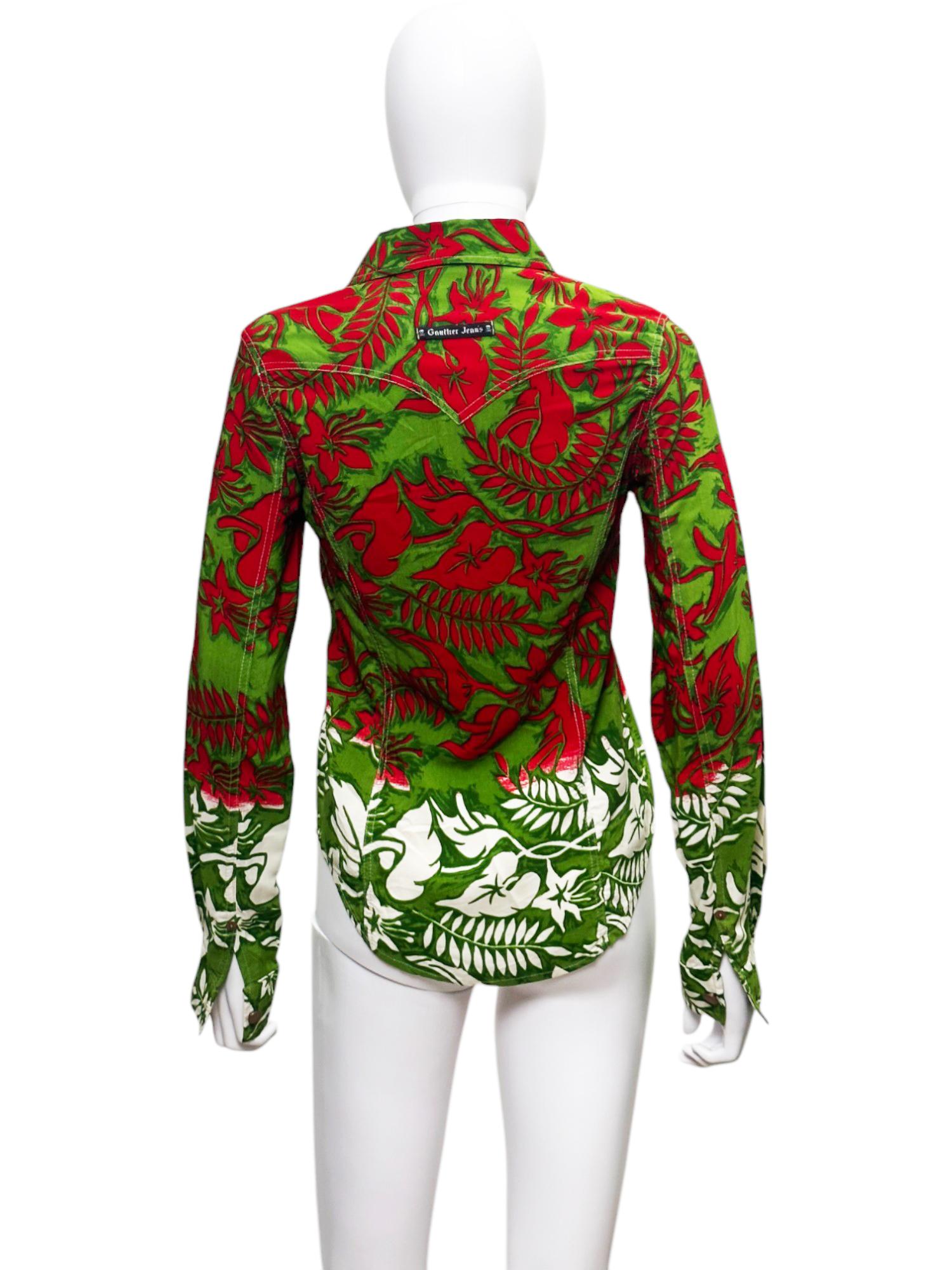 Jean Paul Gaultier 1990's Rot und Grün Leafs Button Up Hemd (Beige) im Angebot