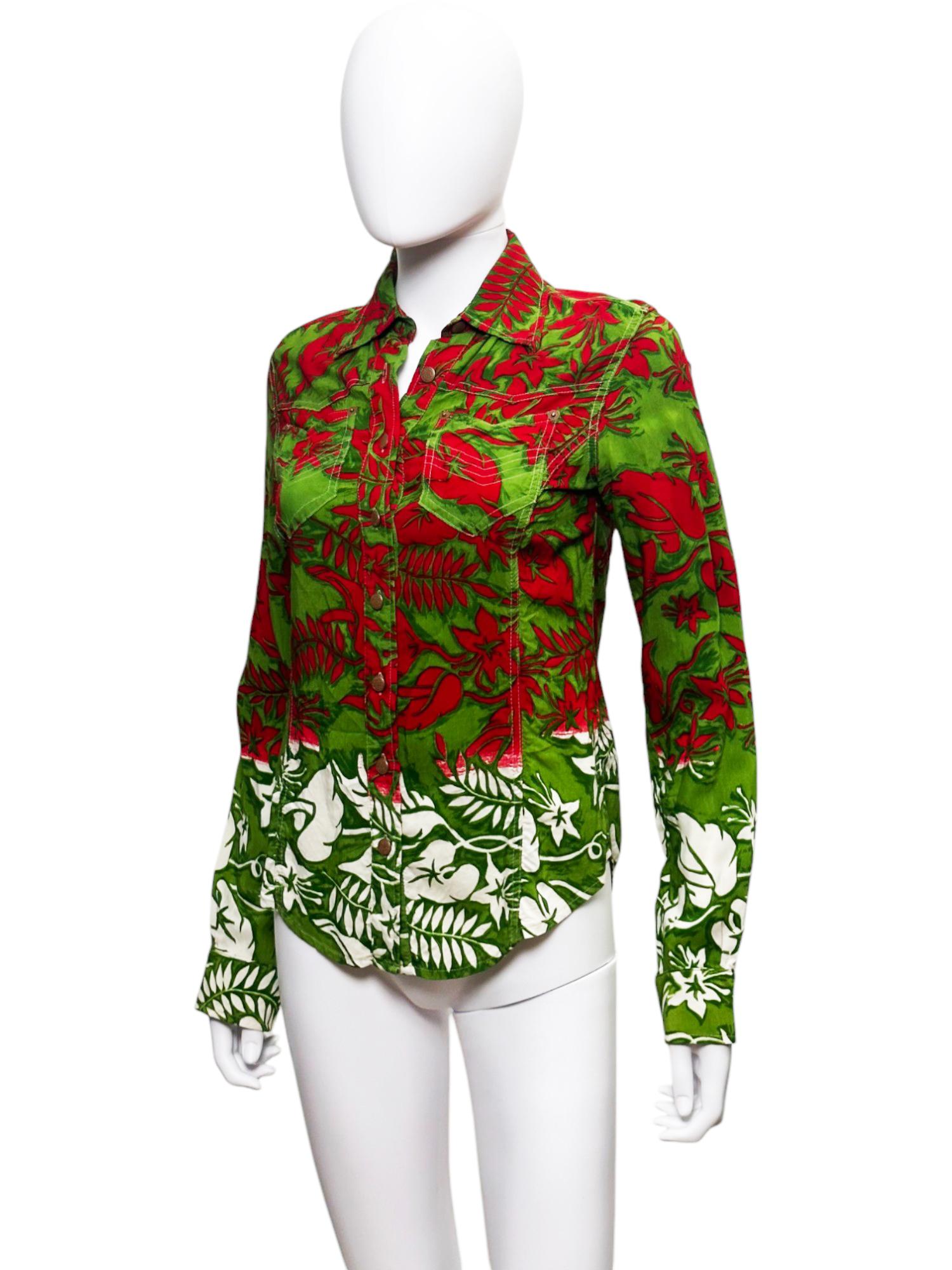 Jean Paul Gaultier 1990's Rot und Grün Leafs Button Up Hemd im Zustand „Hervorragend“ im Angebot in Caserta, IT