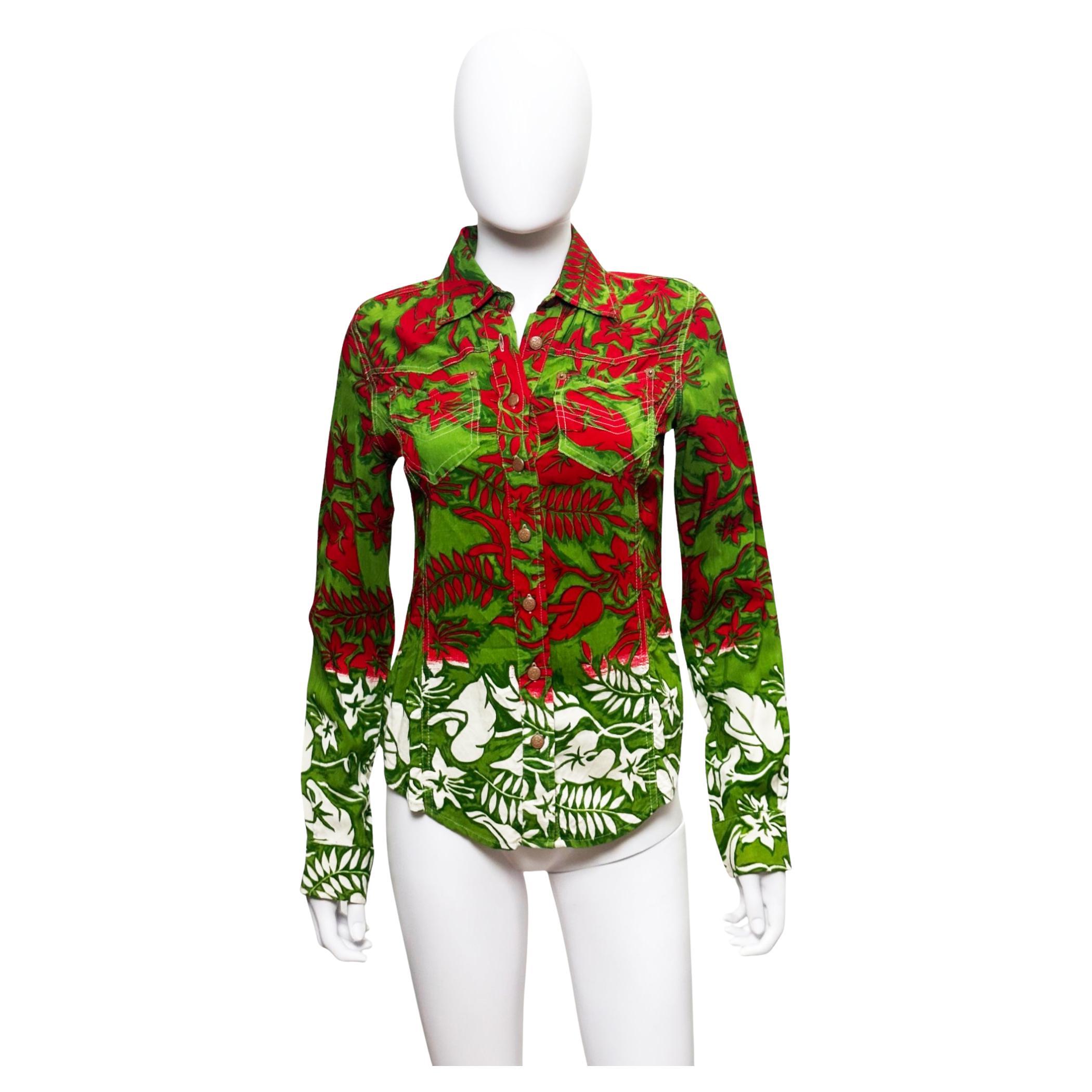 Jean Paul Gaultier 1990
s Rot und Grün Leafs Button Up Hemd im Angebot