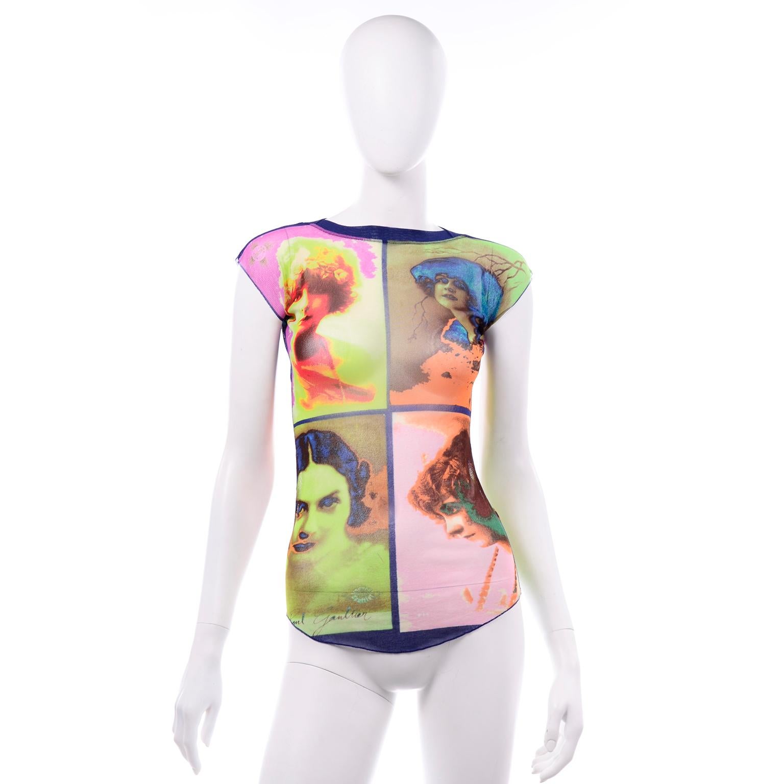 This is such an incredible vintage 1990's Jean Paul Gaultier top! This iconic, pop art style vintage top has various 1920s printed female headshot portraits on a lightweight mesh. The women in the portraits are presented in highly saturated colors.