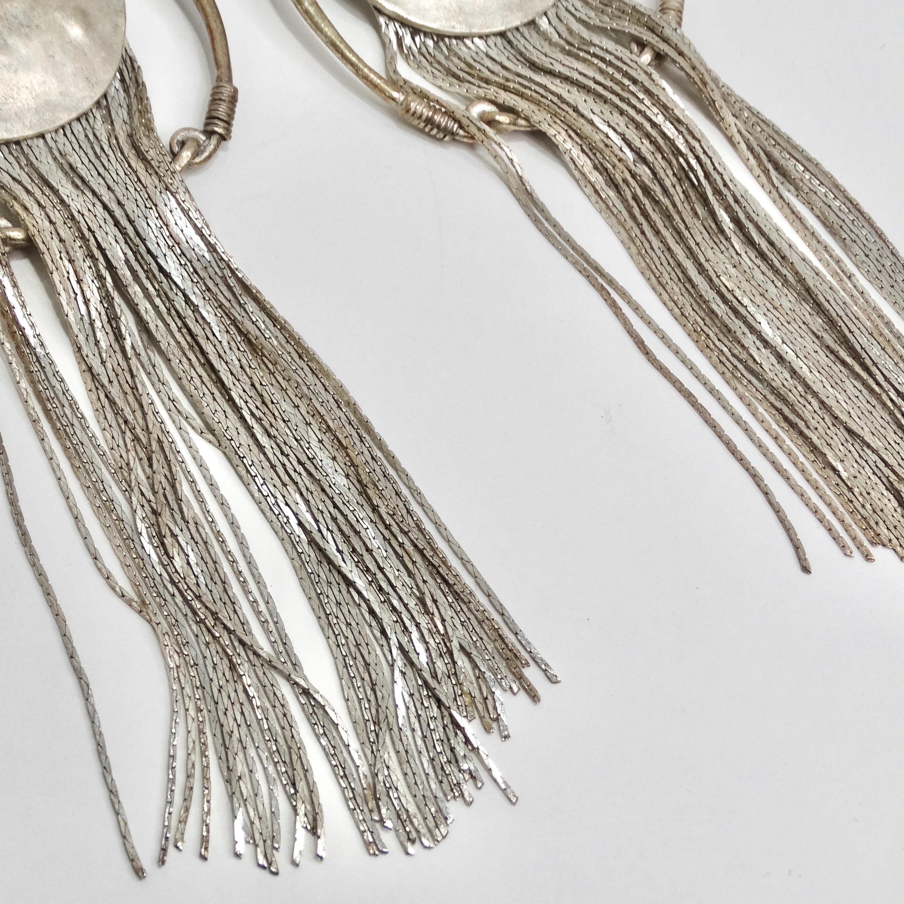 Women's or Men's Jean Paul Gaultier 1990s Silver Fringe Hoop Dangle Earrings For Sale