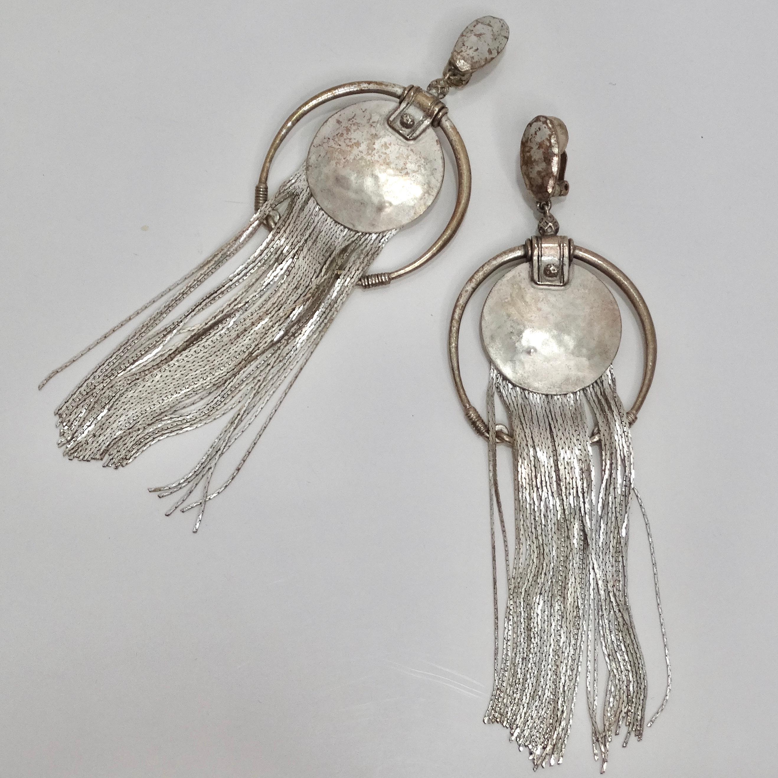 Jean Paul Gaultier 1990s Silver Fringe Hoop Dangle Earrings For Sale 4