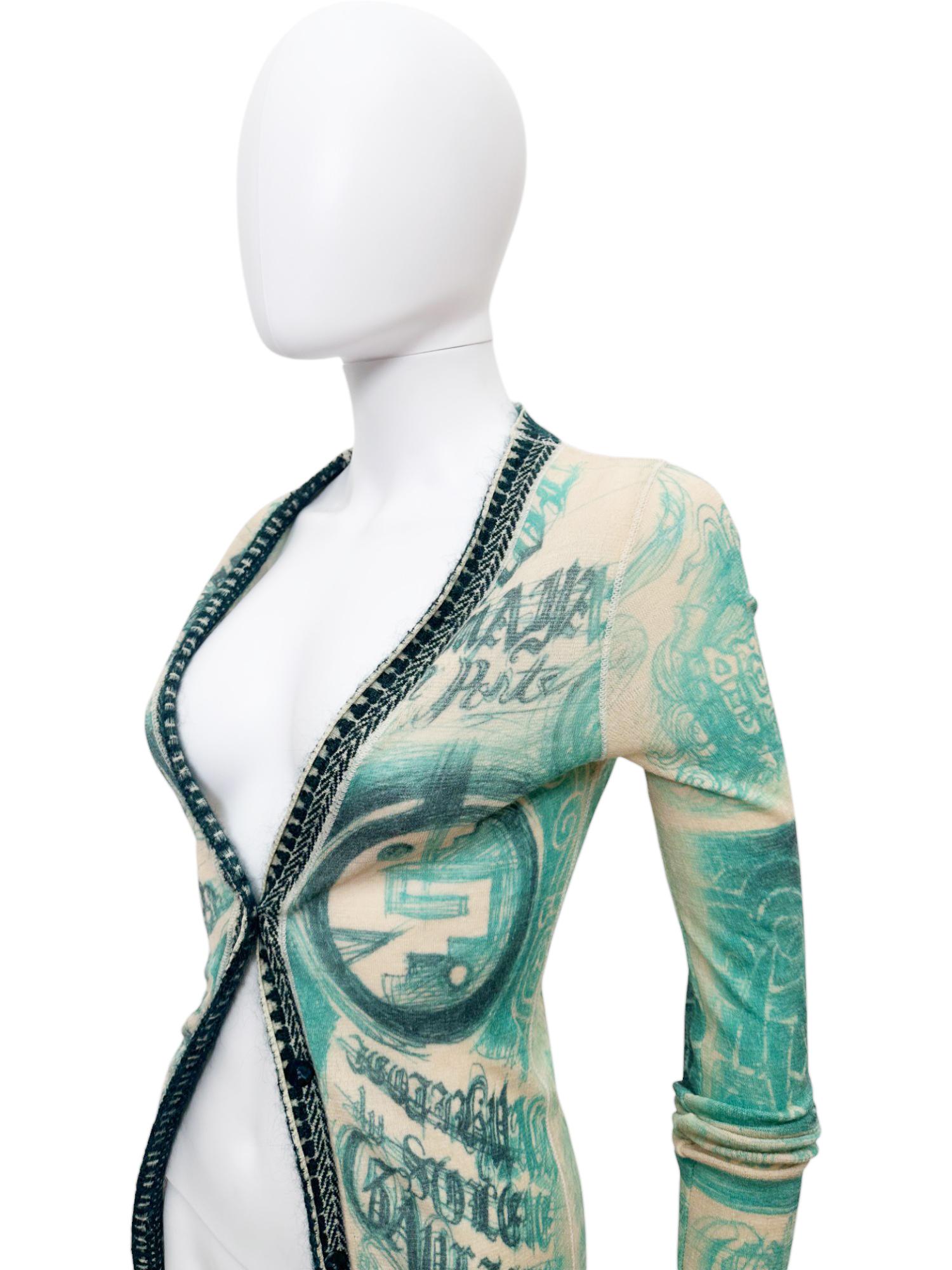 Jean Paul Gaultier 1990's Tribal Acqua Green Wool Cardigan For Sale 5