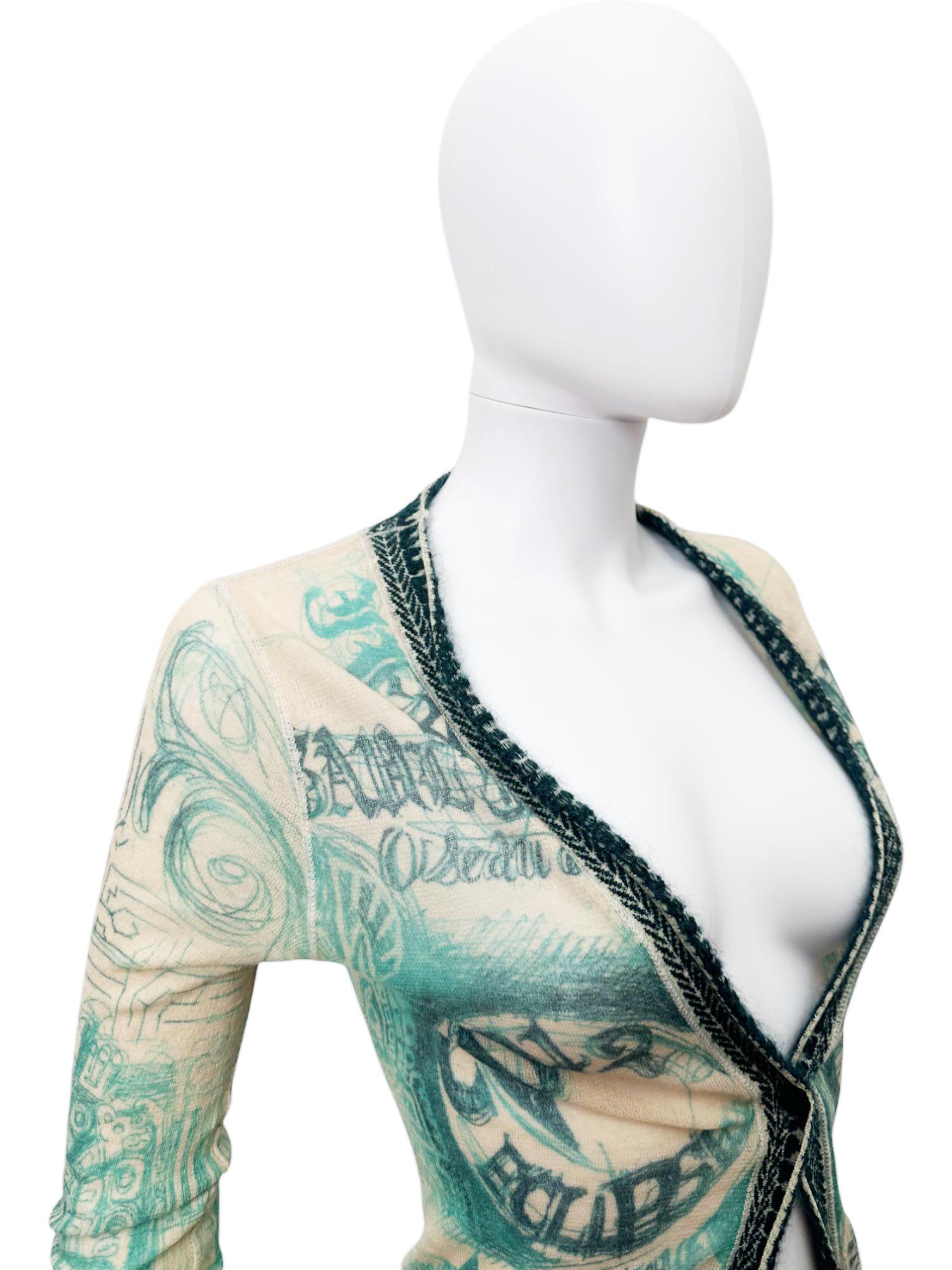 Jean Paul Gaultier 1990's Tribal Acqua Green Wool Cardigan For Sale 6