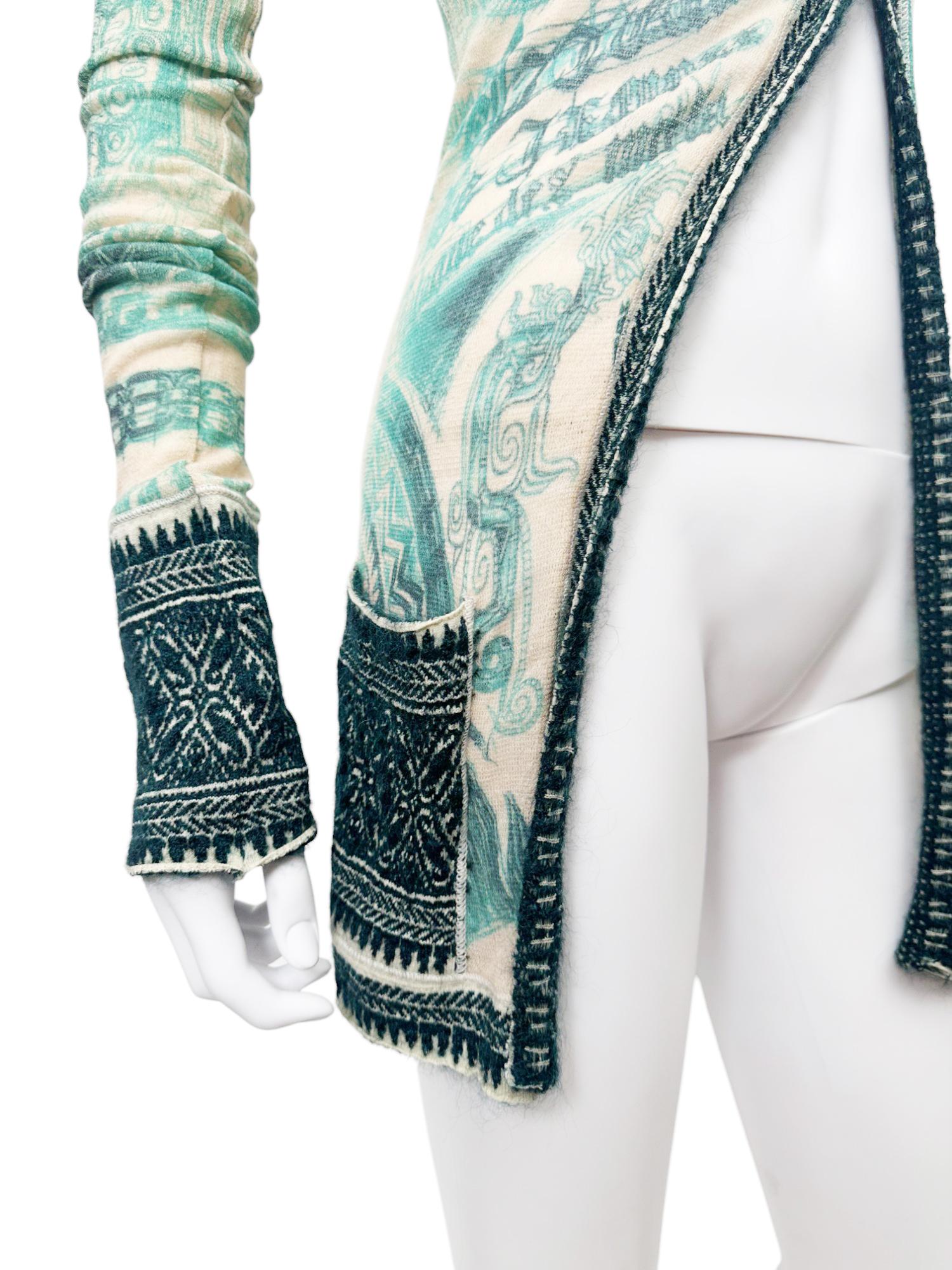 Jean Paul Gaultier 1990's Tribal Acqua Green Wool Cardigan For Sale 7