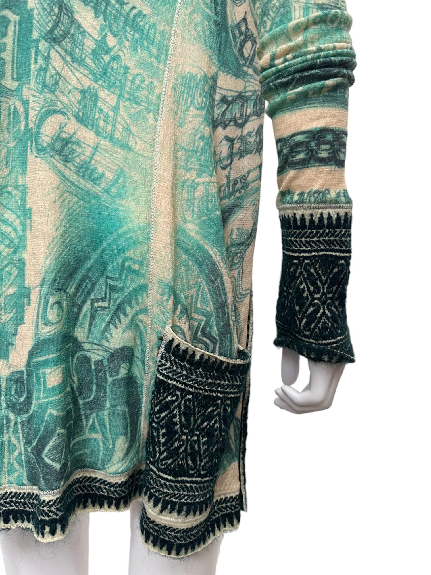 Jean Paul Gaultier 1990's Tribal Acqua Green Wool Cardigan For Sale 10