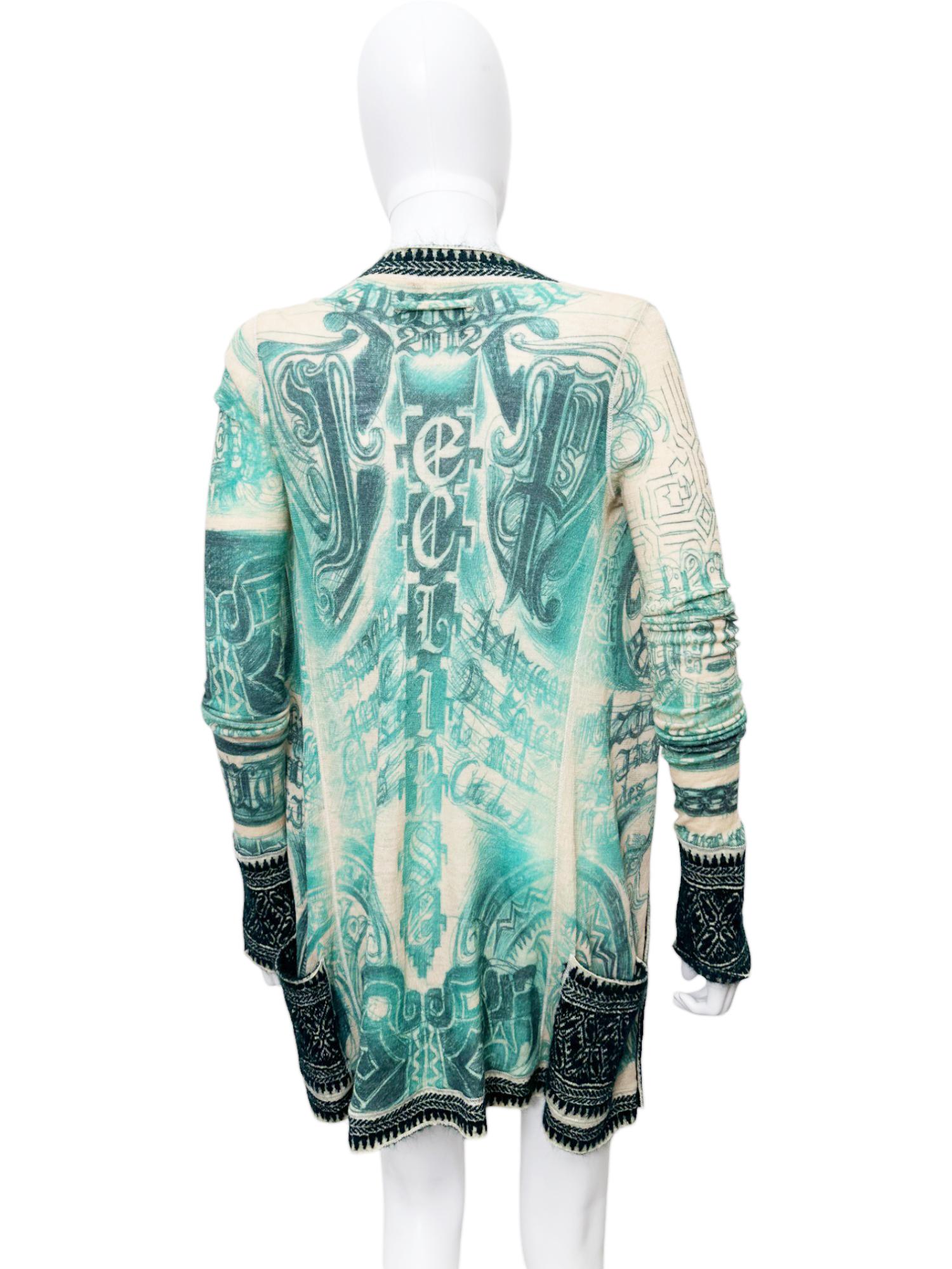 Gray Jean Paul Gaultier 1990's Tribal Acqua Green Wool Cardigan For Sale