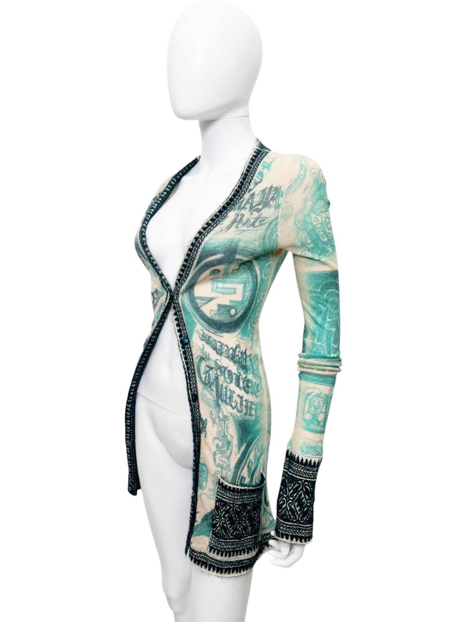 Jean Paul Gaultier 1990's Tribal Acqua Green Wool Cardigan In Excellent Condition For Sale In Caserta, IT
