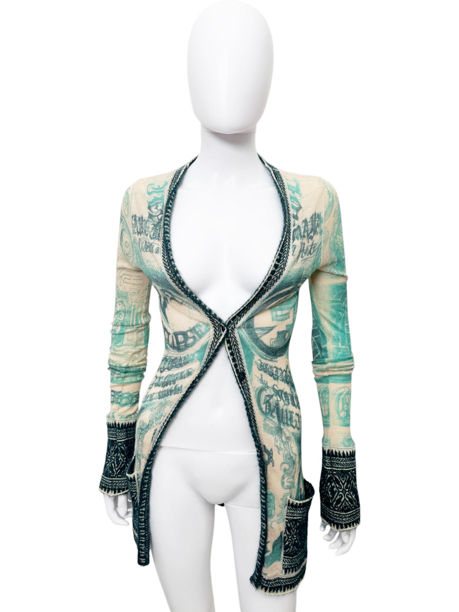 Women's Jean Paul Gaultier 1990's Tribal Acqua Green Wool Cardigan For Sale