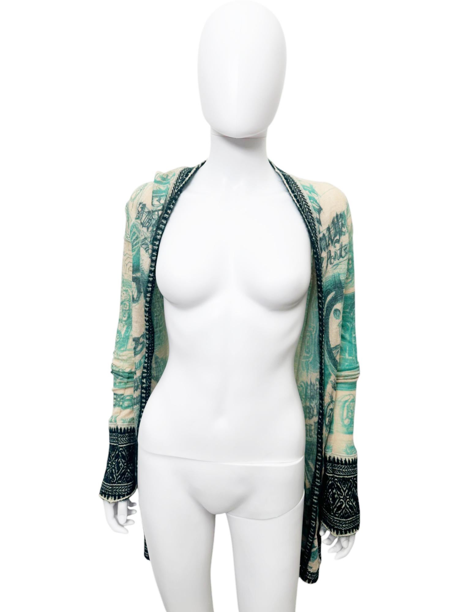 Jean Paul Gaultier 1990's Tribal Acqua Green Wool Cardigan For Sale 1