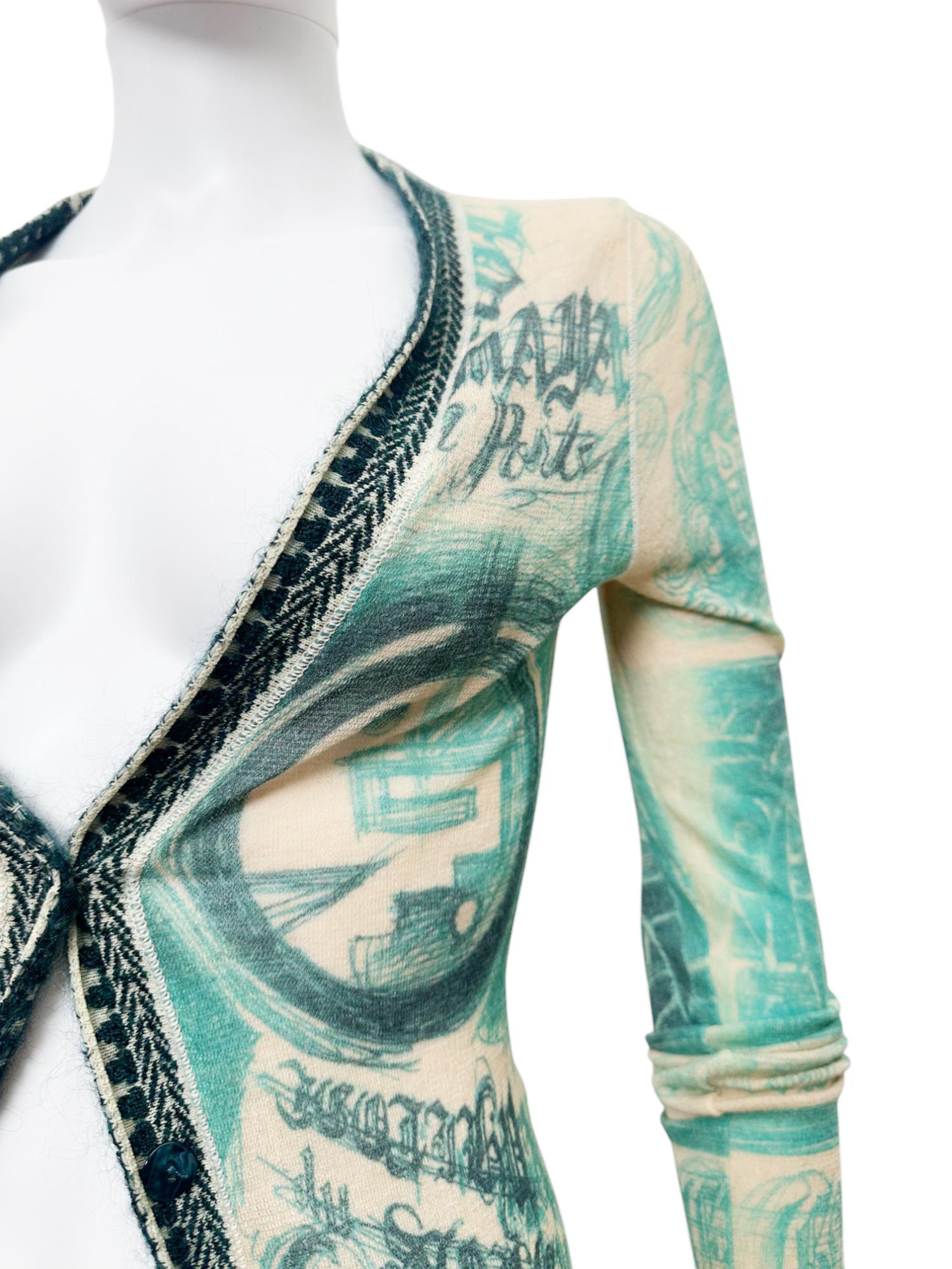 Jean Paul Gaultier 1990's Tribal Acqua Green Wool Cardigan For Sale 3