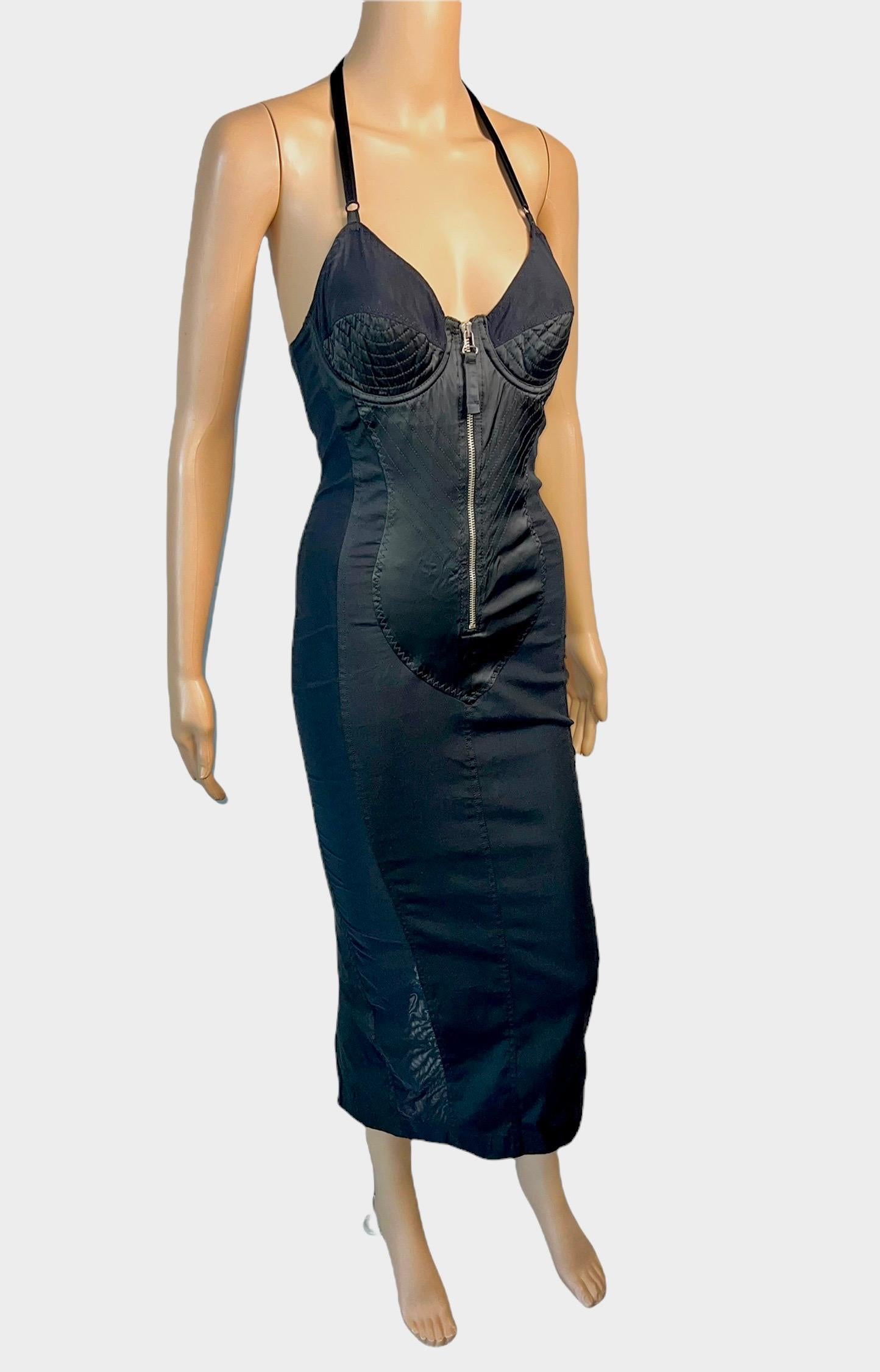 Jean Paul Gaultier Classique 1990's Vintage Cone Bra Corset Bondage Semi-Sheer Panels Black Evening Dress Size IT 40