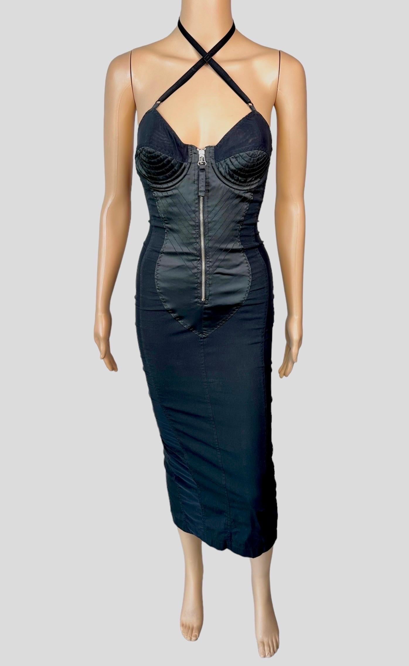 Jean Paul Gaultier Classique 1990's Vintage Kegel BH Korsett Bondage Halbdurchsichtige Panels Schwarz Abendkleid Größe IT 38